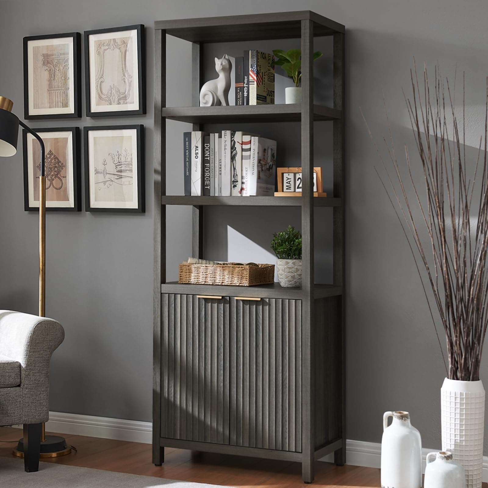 Midnight Oak Oxford Bookshelf, 5-Tier Tall Cabinet with Storage (1PCS)