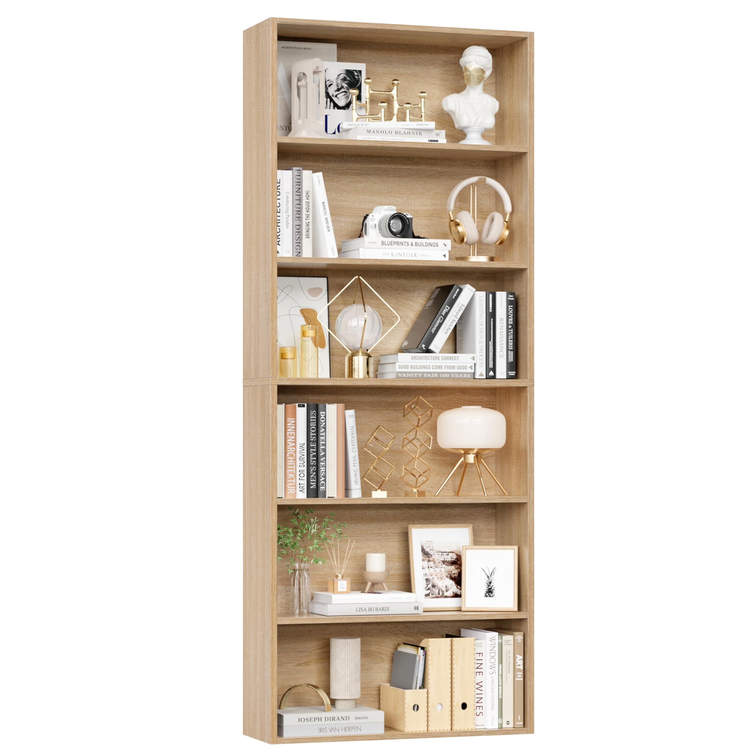 Fotosok Light Oak 6-Tier Bookshelf for Bedroom, Living Room & Office