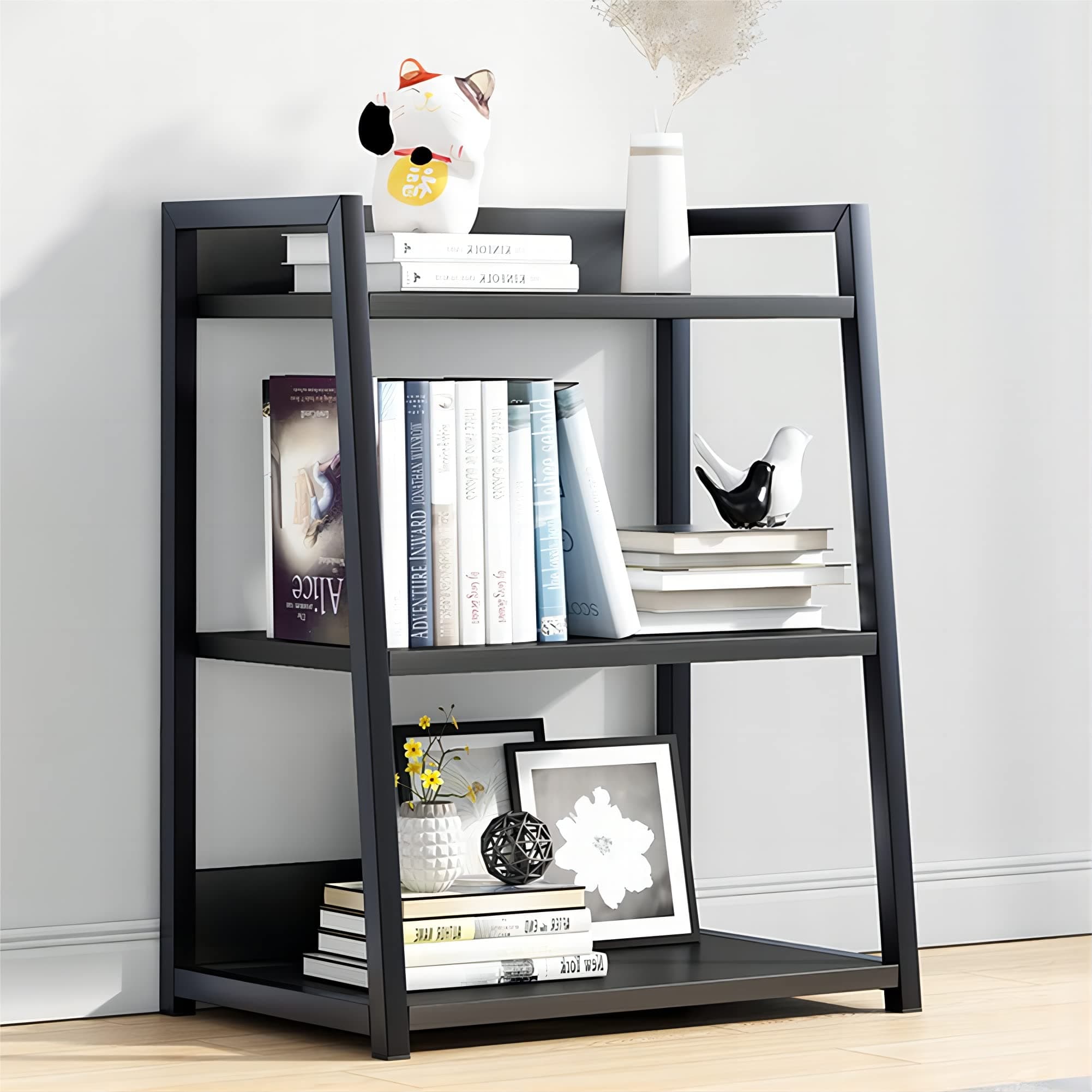IOTXY Black Steel & Wood 3 Tier Floor-Standing Bookshelf, 50CM Width