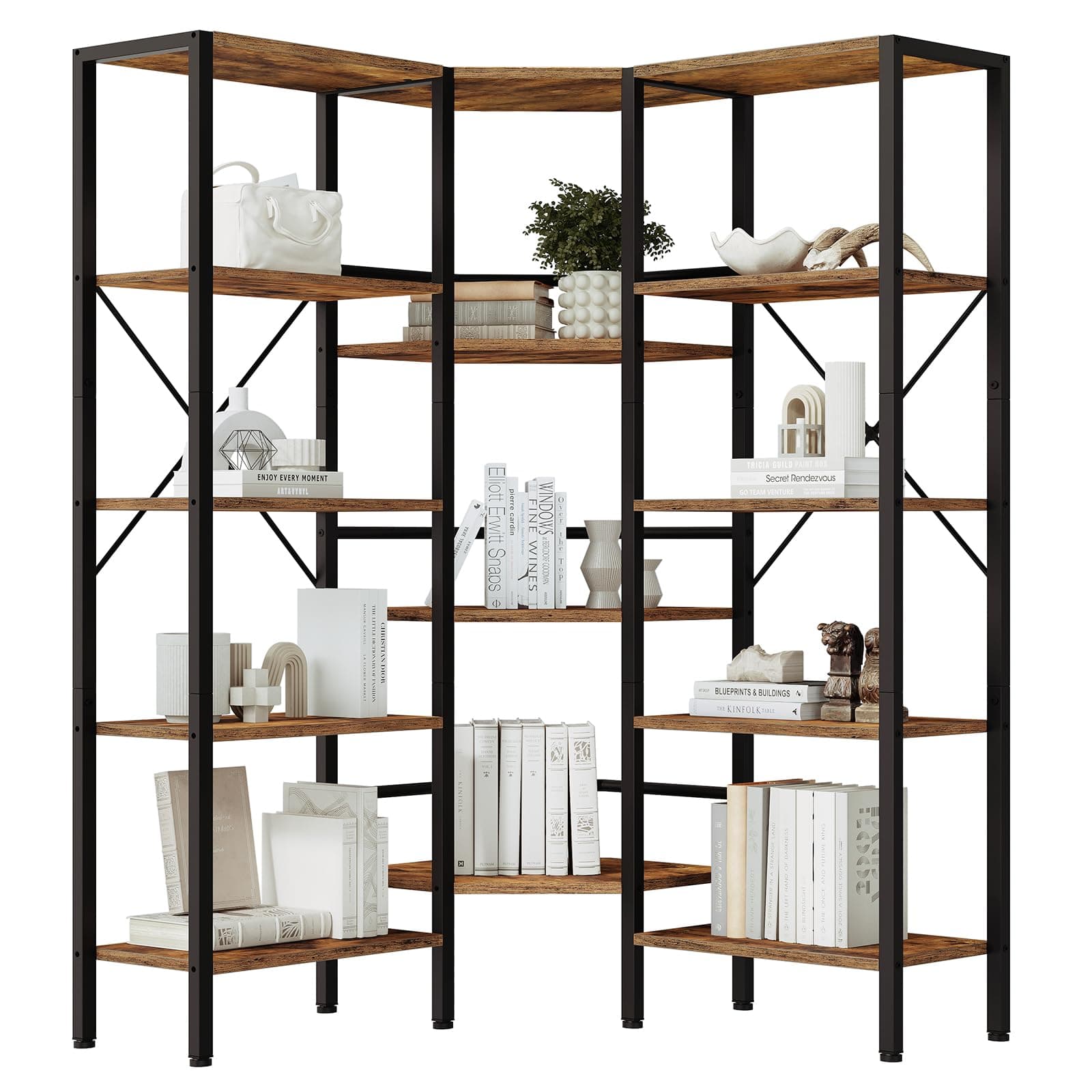 HOOBRO BF68SJ01 5-Tier L-Shaped Rustic Brown & Black Bookshelf