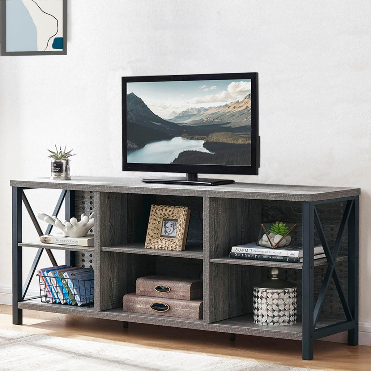 Rustic Entertainment Center for 65 Inch TV, Industrial Wood TV Stand with Media Cabinet Storage, Farmhouse Metal Television Stand, Light Grey Oak, 55 Inch