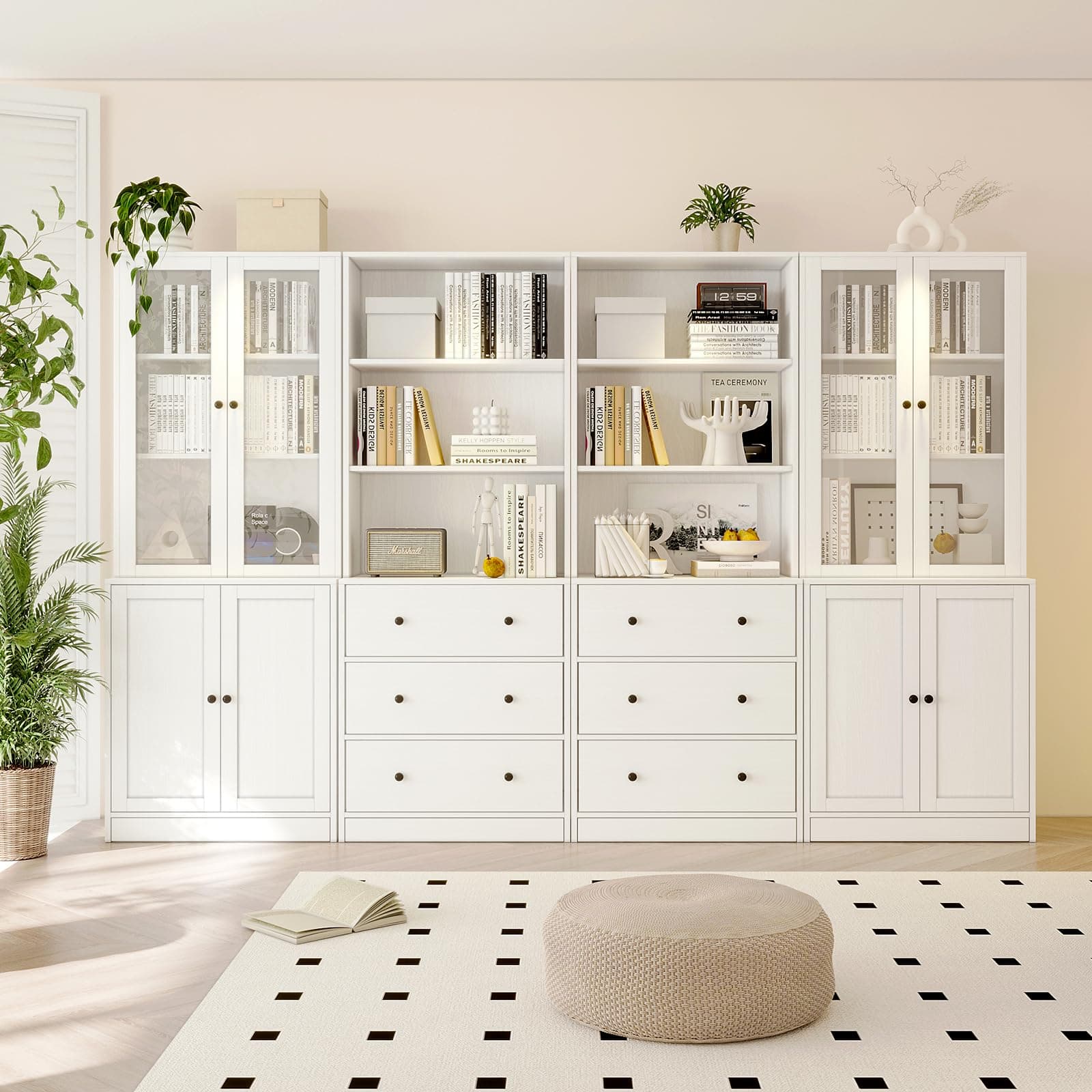 TUSY 71" 3-Tier Modern Bookshelf with 3 Drawers & 5-Tier Shelves, Wood & Glass Doors Home Office