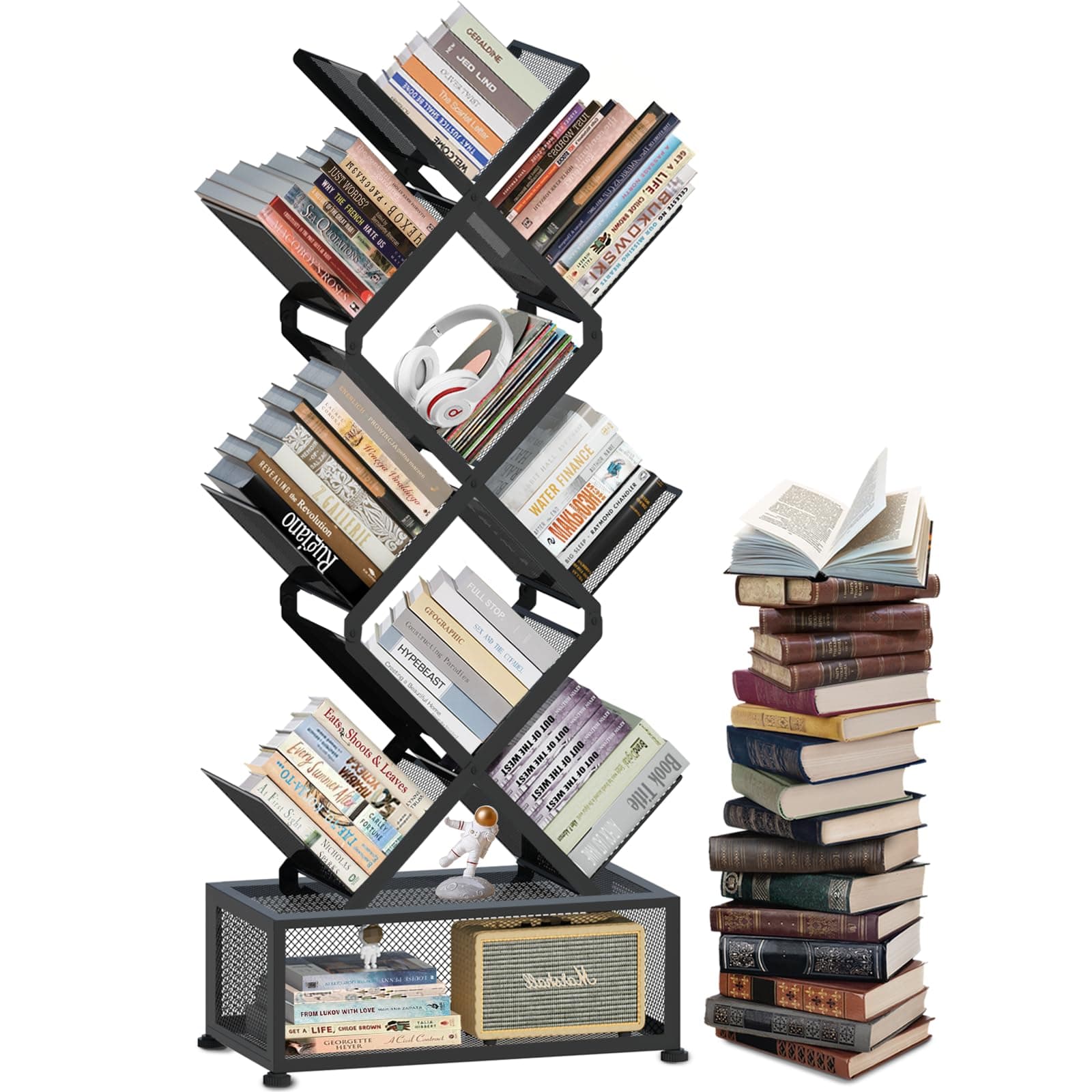 9-Tier Metal Bookshelf with Storage, Stylish Folding Bookcase for Living Room and Home Office