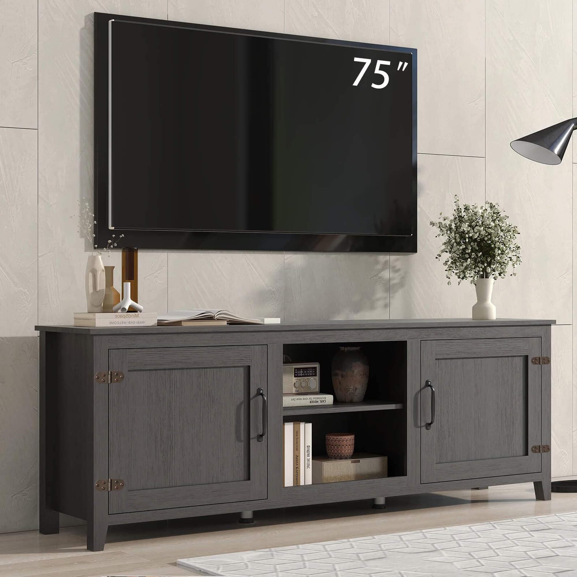 Black 70 Inch TV Stand, Wood Storage Cabinet, Modern Media Center for Living Room, Bedroom