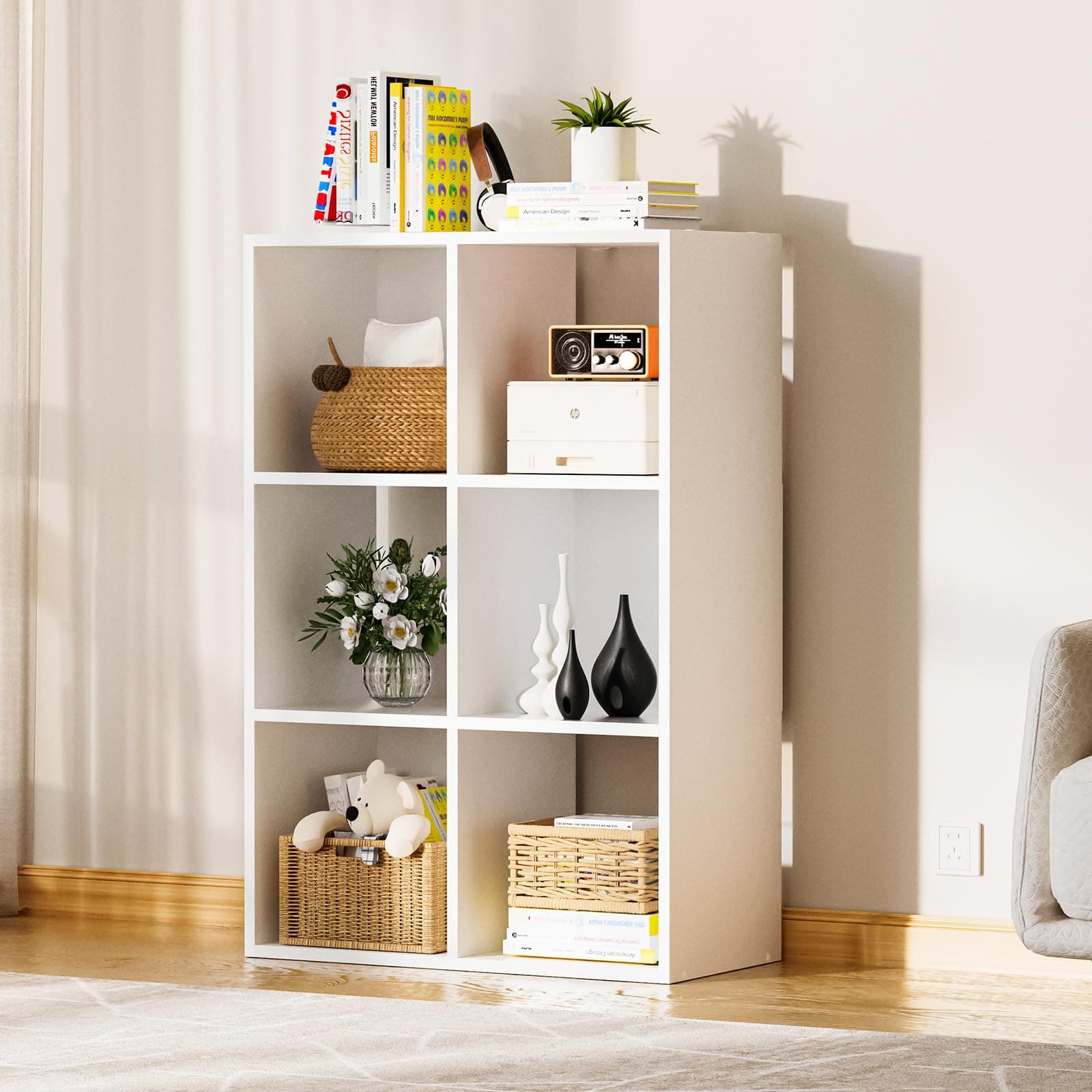 COMHOMA 6 Wood Cube Storage Organizer for Home Office and Bedroom 
| White Cube Storage Bookshelf with Removable Back Panels for Living Room 
| FSC Certified 11In Cube Storage Shelf for Multi-Use Spaces Vertical or Horizontal