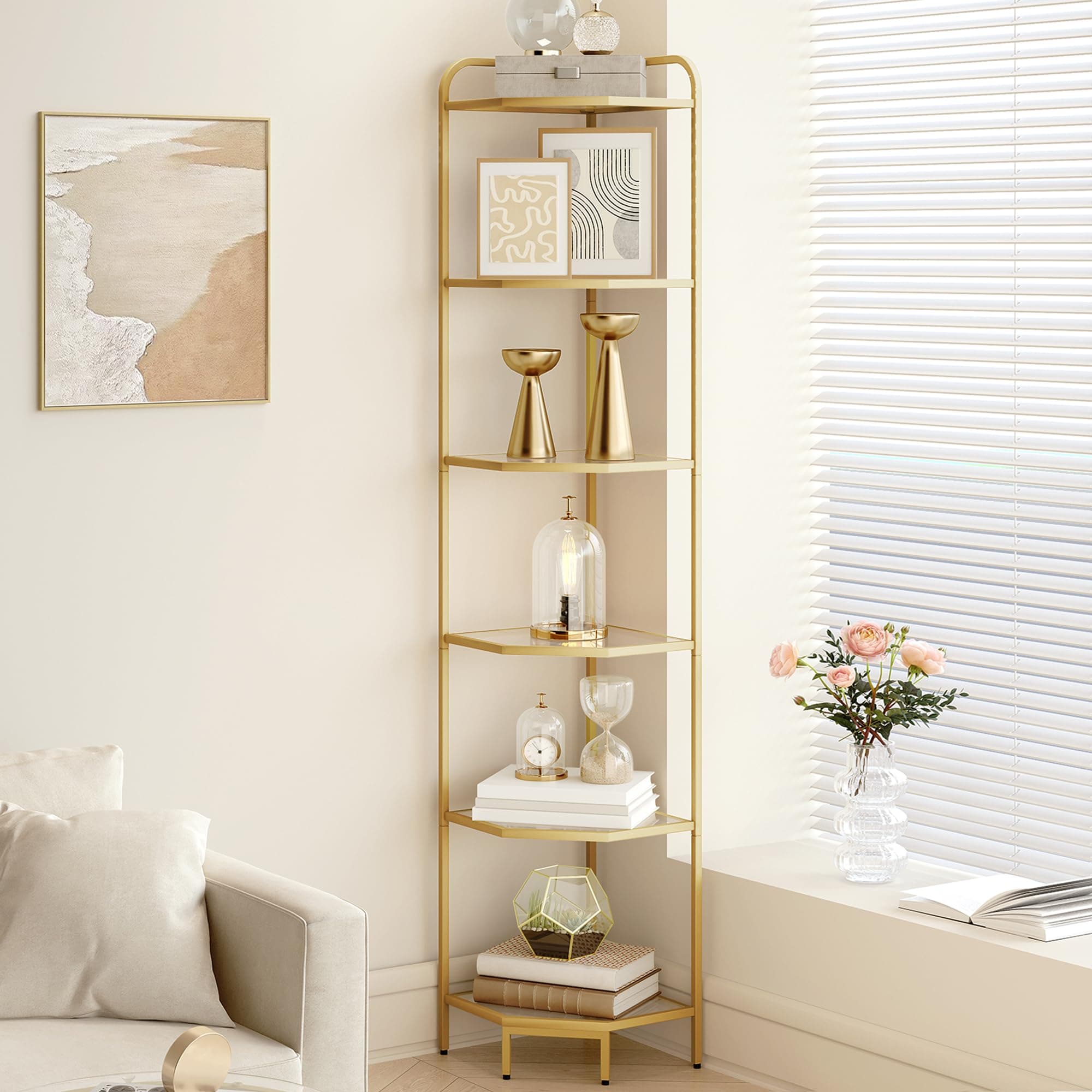 Modern 6-Tier Steel & Tempered Glass Corner Shelf Stand, CS90600G