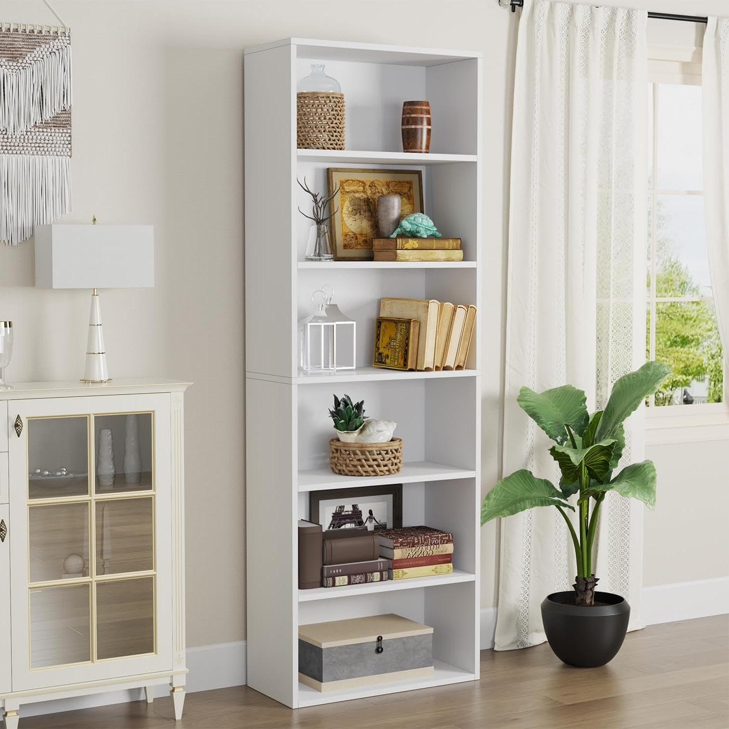 Oneinmil 6-Tier Floor Standing Bookshelf, White, Home Office Decor
