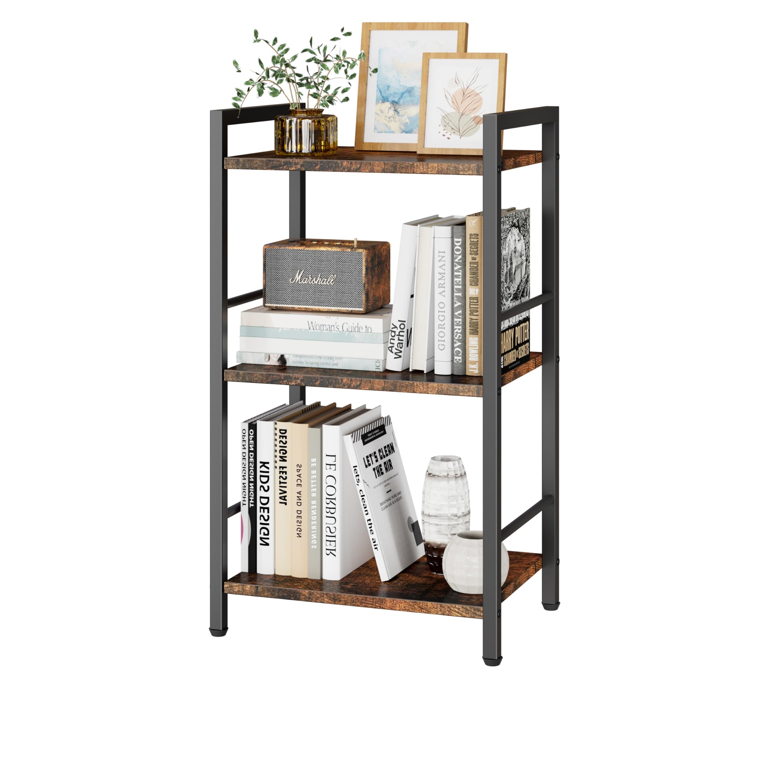 Rustic Brown 3-Tier Metal & Wood Bookshelf for Living Room and Bedroom