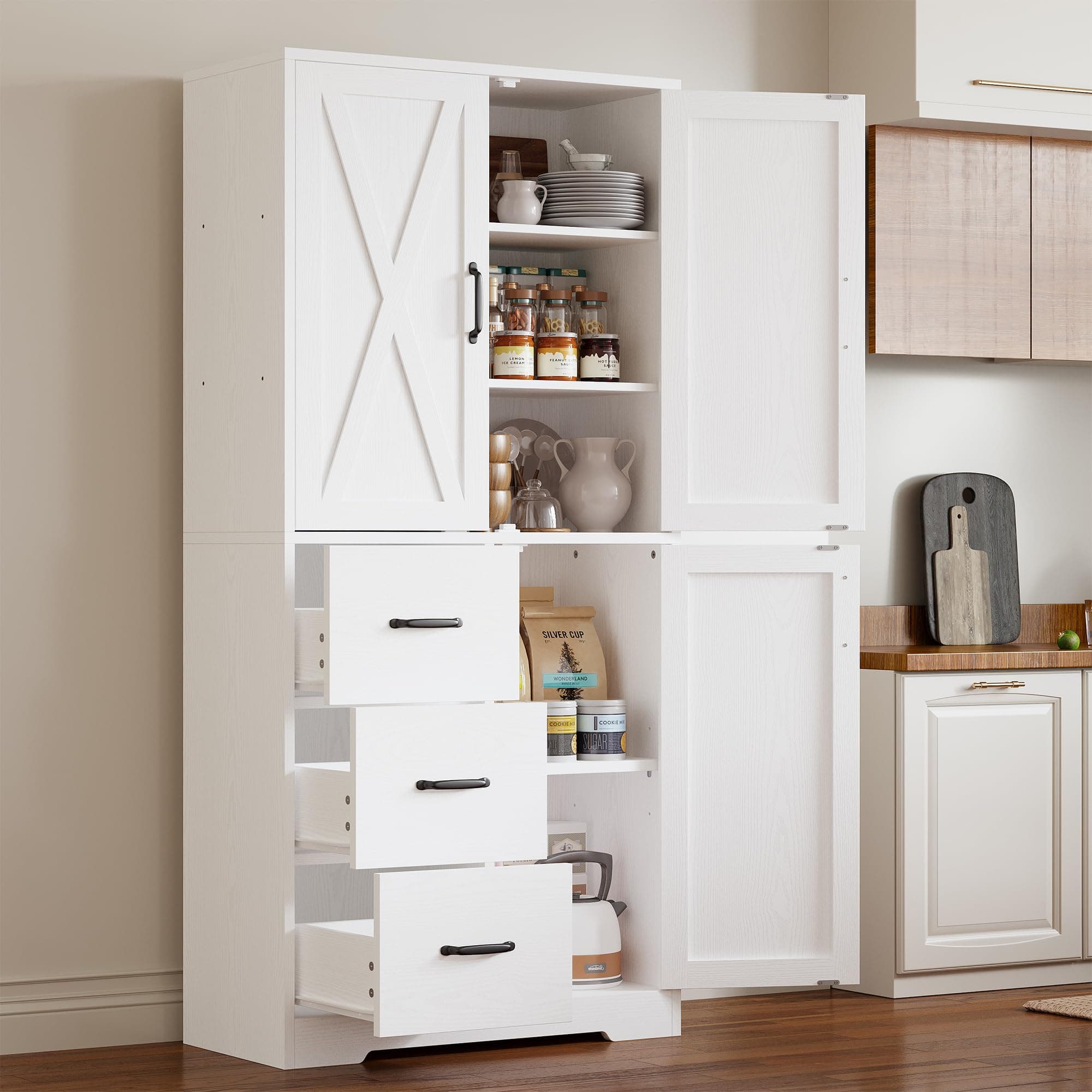 Industrial 67.5 Inch 5 Tier Bookshelf with 3 Doors & Drawers