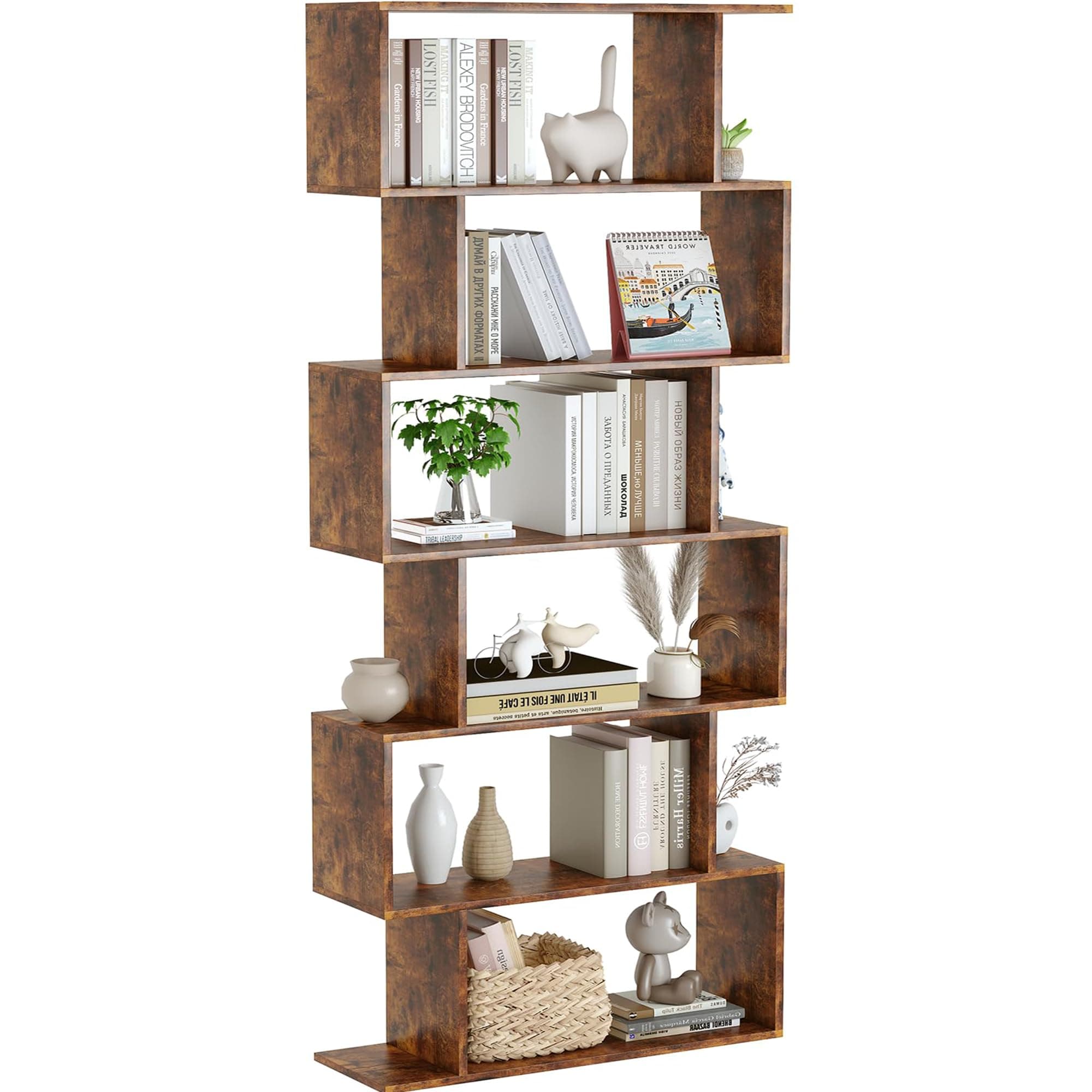 Yusong S-Shaped 6-Tier Geometric Bookcase, Modern Rustic Brown Tall Decor for Home Office & Bedroom