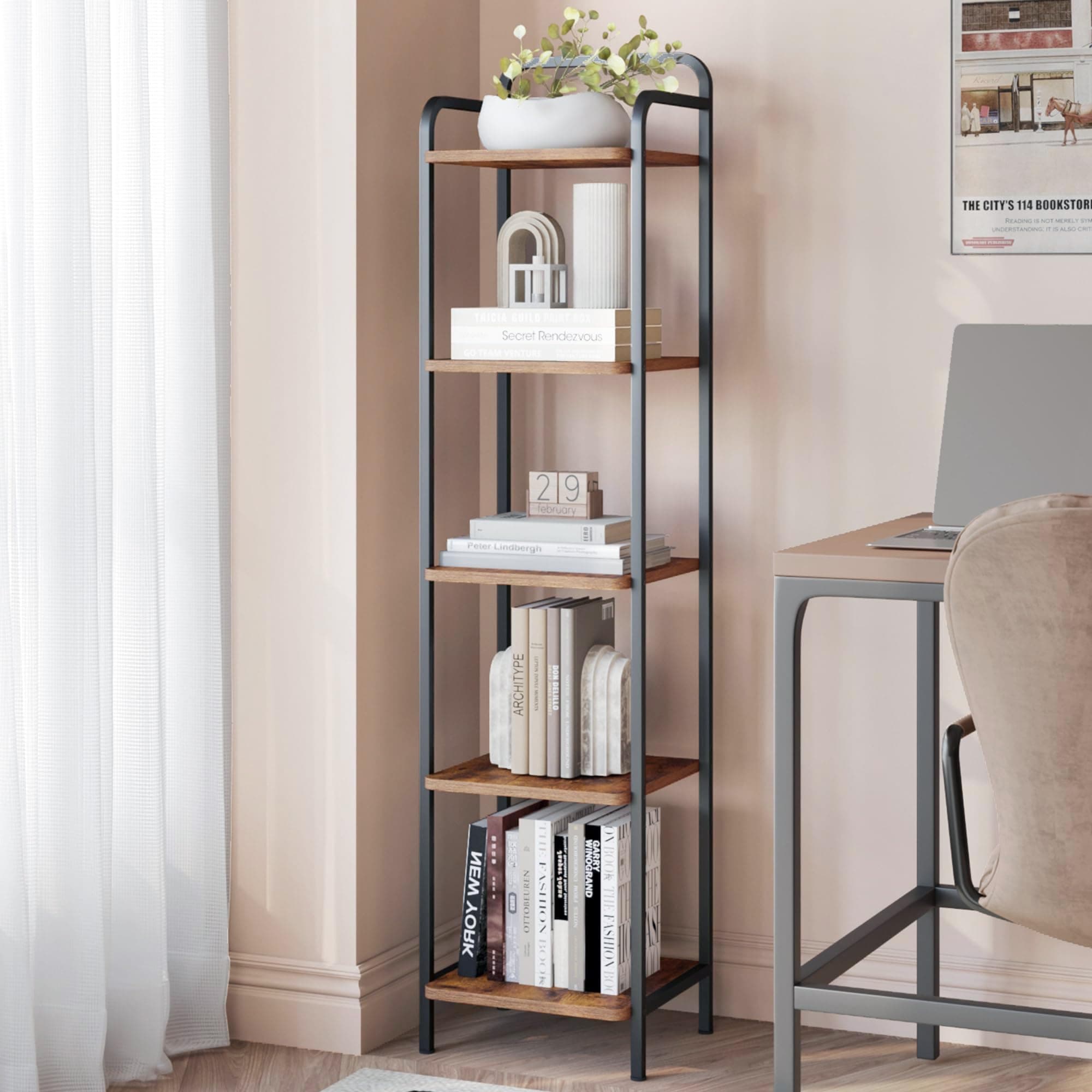 Rustic Brown and Black 5-Tier Narrow Bookshelf BC24501B