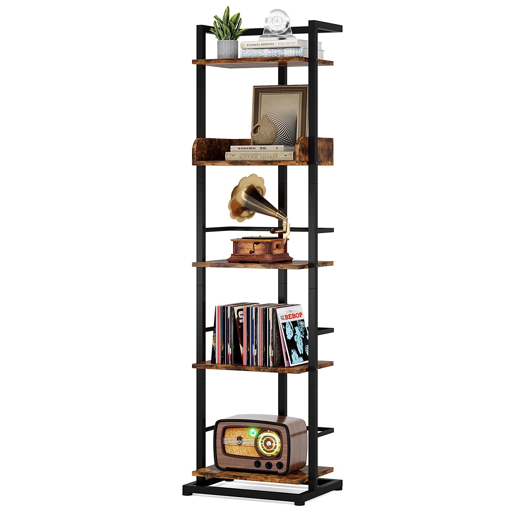 Rustic Brown 5 Tier Wood Bookshelf with Metal Edge Protection
