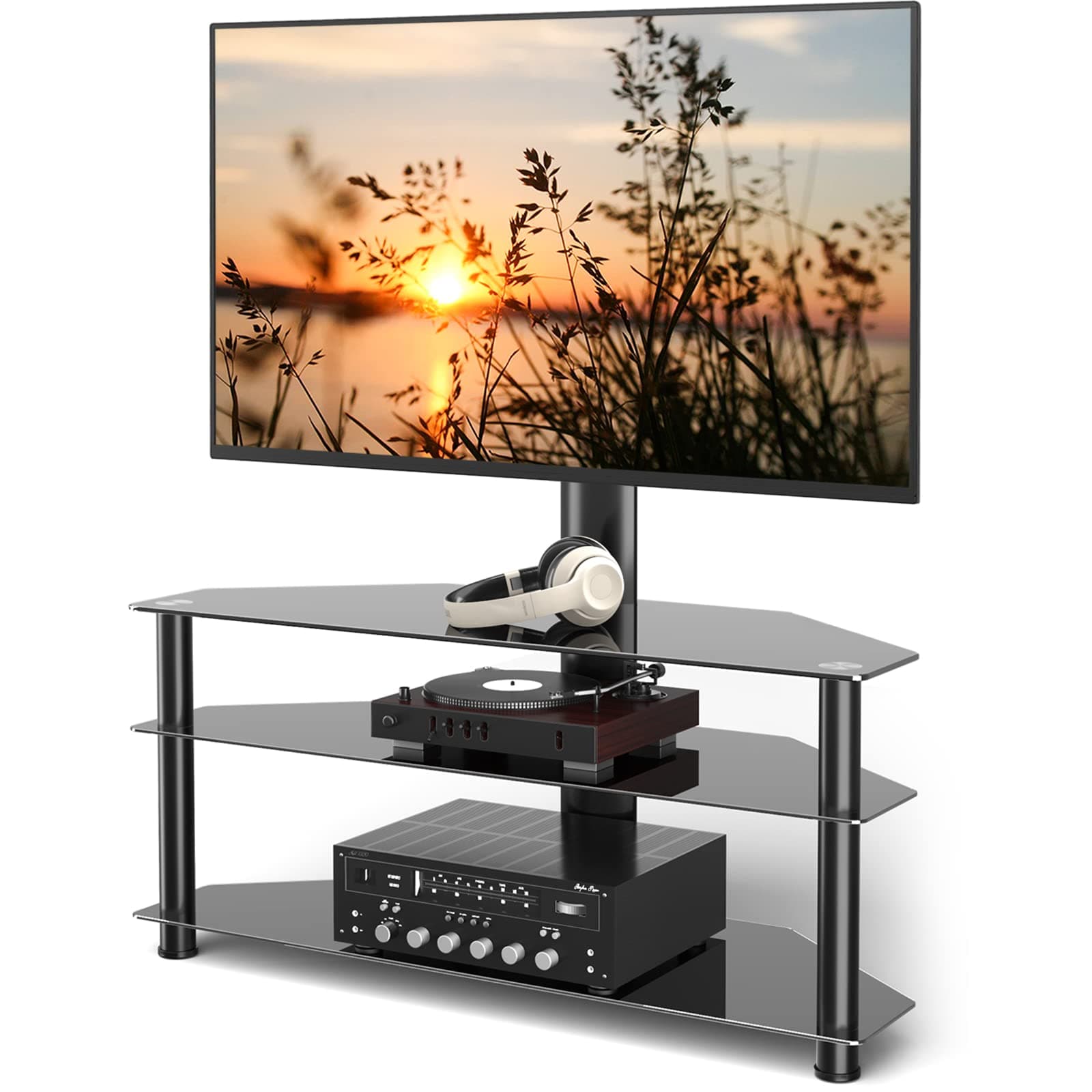 5Rcom Corner TV Stand with Mount, 3 Tier Tempered Glass Shelves, 32-75 Inch TVs, Max VESA 600X400mm
