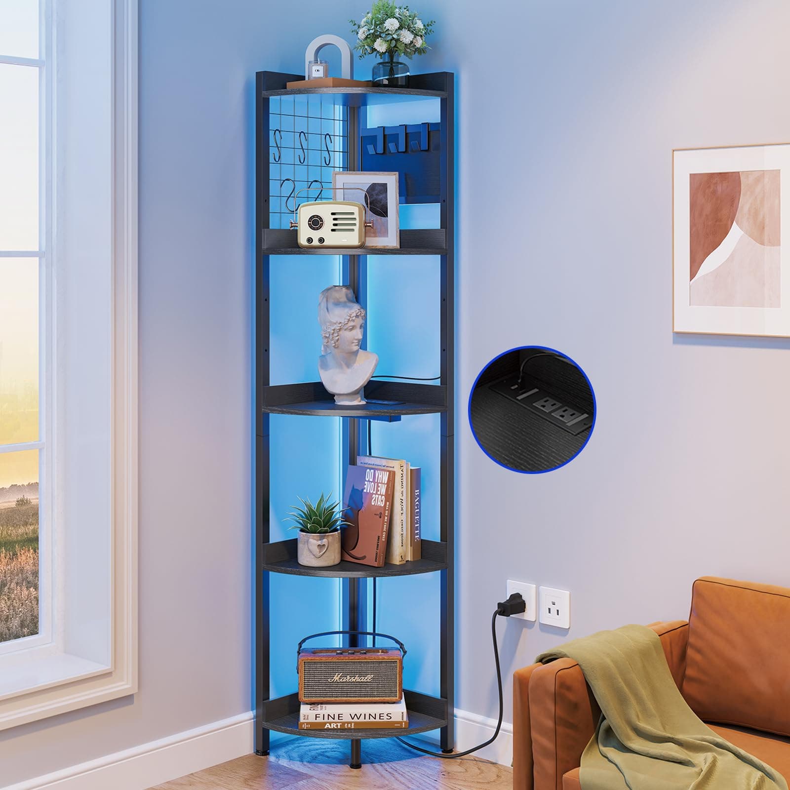 Dripex 5 Tier Black Corner Shelf with Power Outlets & Strip Lights