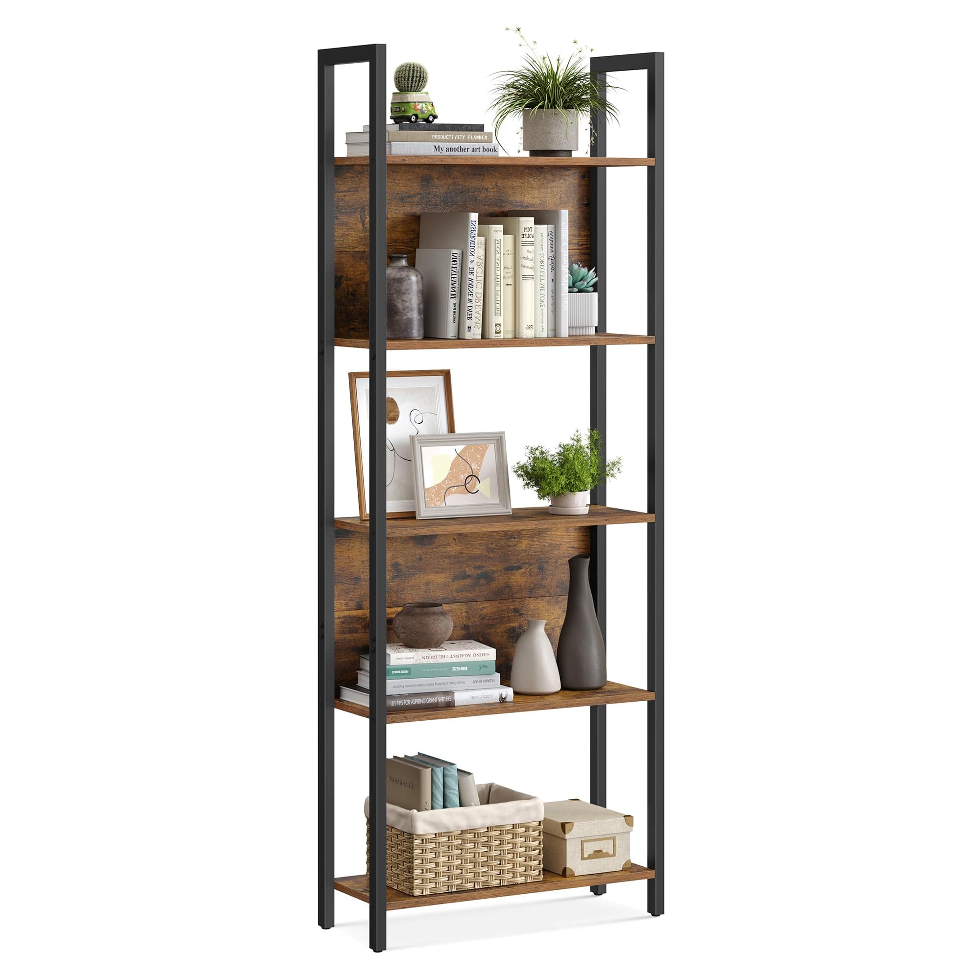VASAGLE 5-Tier Industrial Bookshelf, Steel Frame, Rustic Brown and Black, 9.4 x 24.4 x 65 Inches