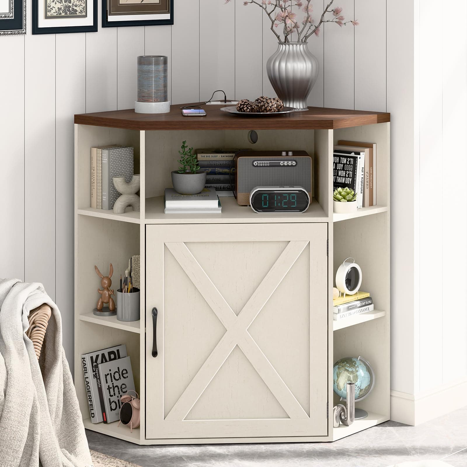 Industrial Corner Cabinet with USB Ports Off White 6-Cubby Bookshelf