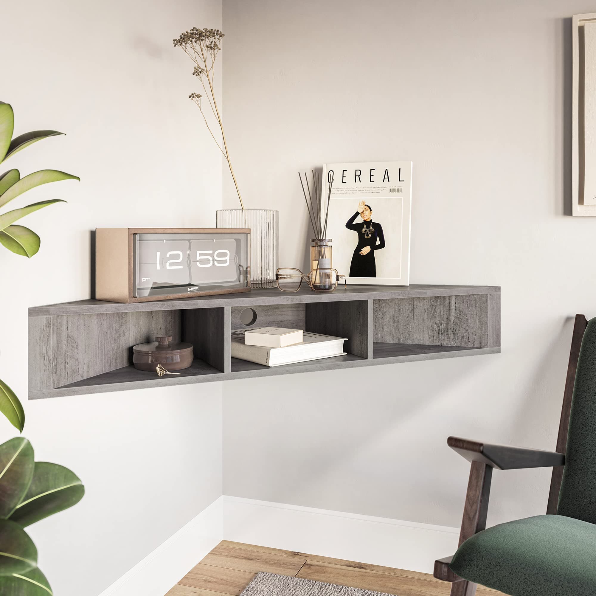 BELLEZE Gray Wash Russel 47 Inch Modern Corner Shelf - TV Console with 3 Shelves & Cable Cutout