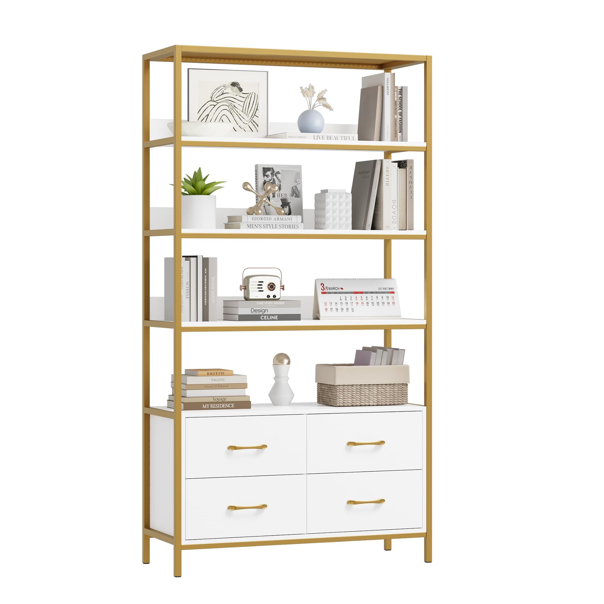 HITHOS 5 Tier Modern Wood Bookshelf with Drawers, 71" Tall Storage Cabinet