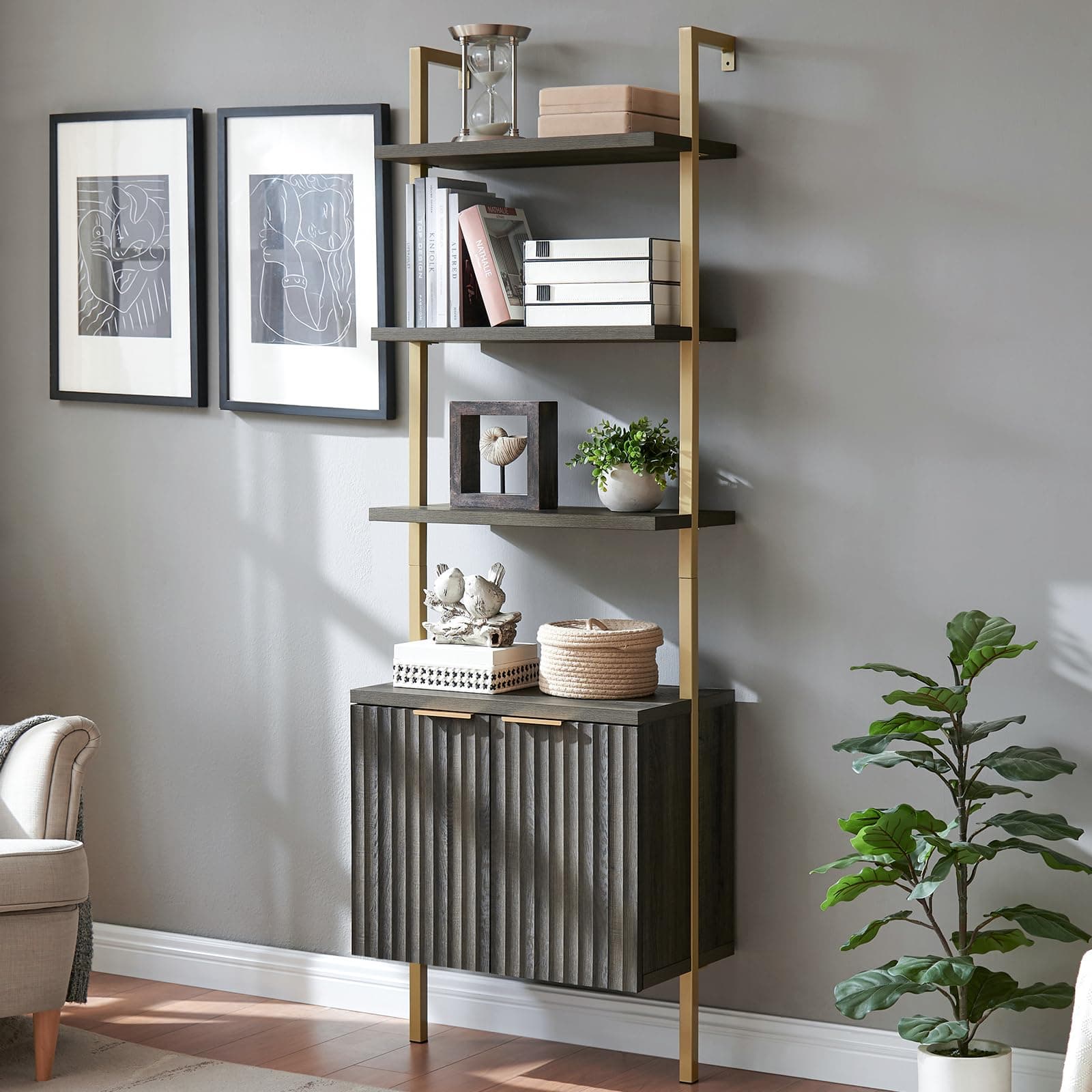 Oxford Midnight Oak 5-Tier Wall Mount Bookshelf with Cabinet
