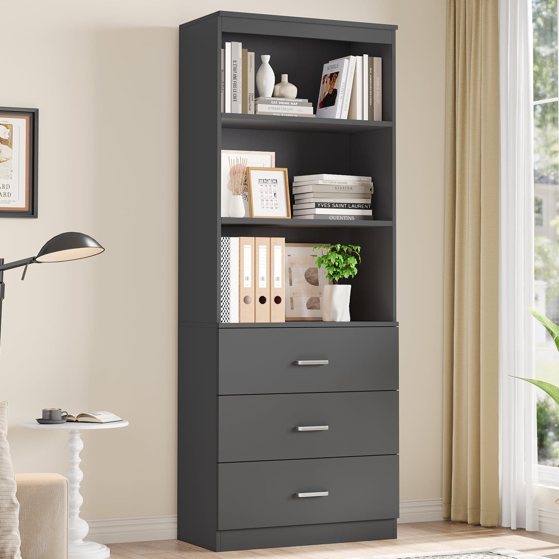 Fotosok 71" Tall Dark Grey Bookshelf with Drawers & 3-Tier Shelves for Home Office