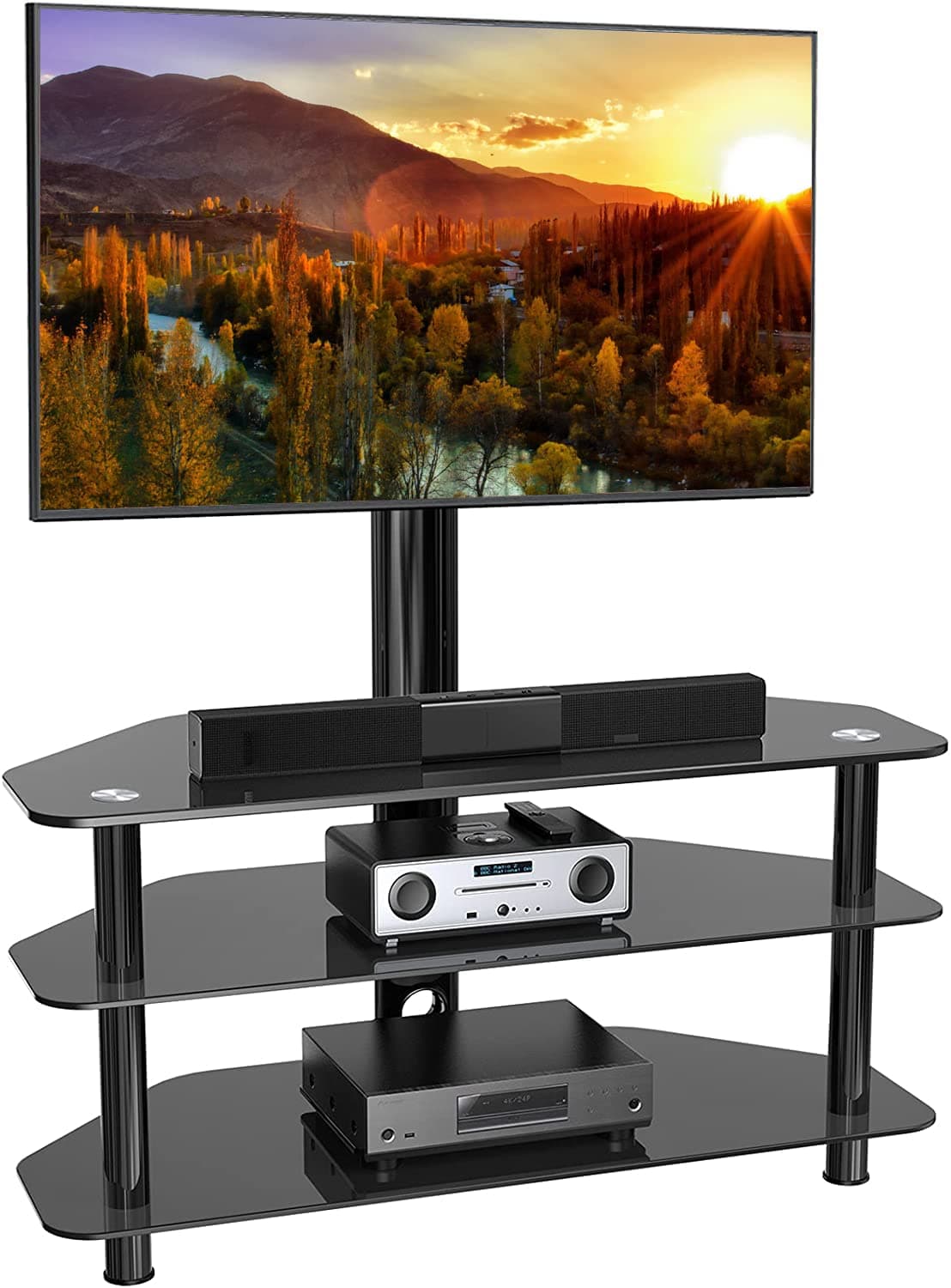3-Tier Adjustable Tempered Glass TV Stand with Cable Management for 32-65 Inch Flat & Curved TVs