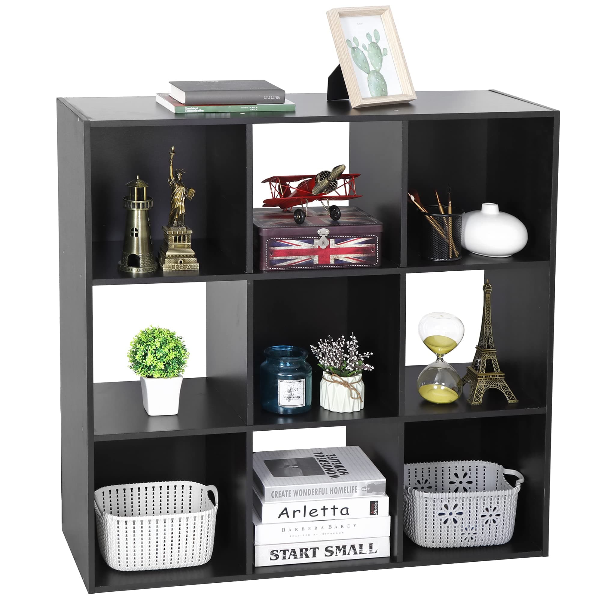 9 Cube Open Shelf Bookcase with Wood Cabinet, Black Storage Organizer for HomeOffice