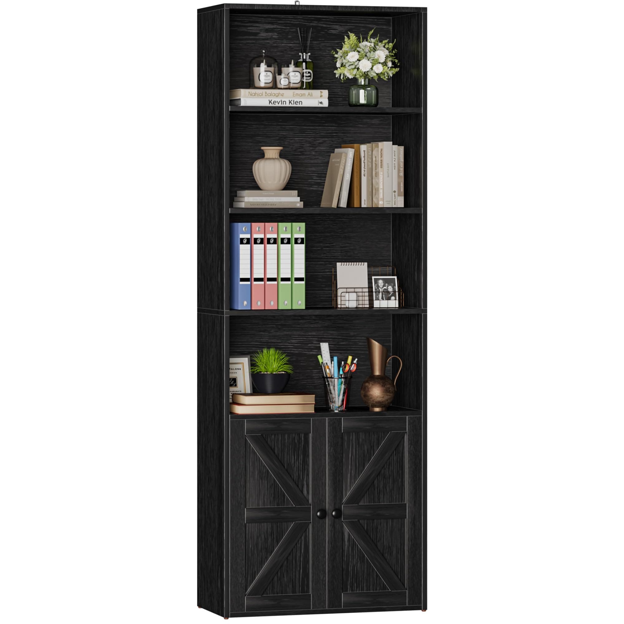 Furniwell Black Industrial Bookshelf with Doors for Home Office and Bedroom
