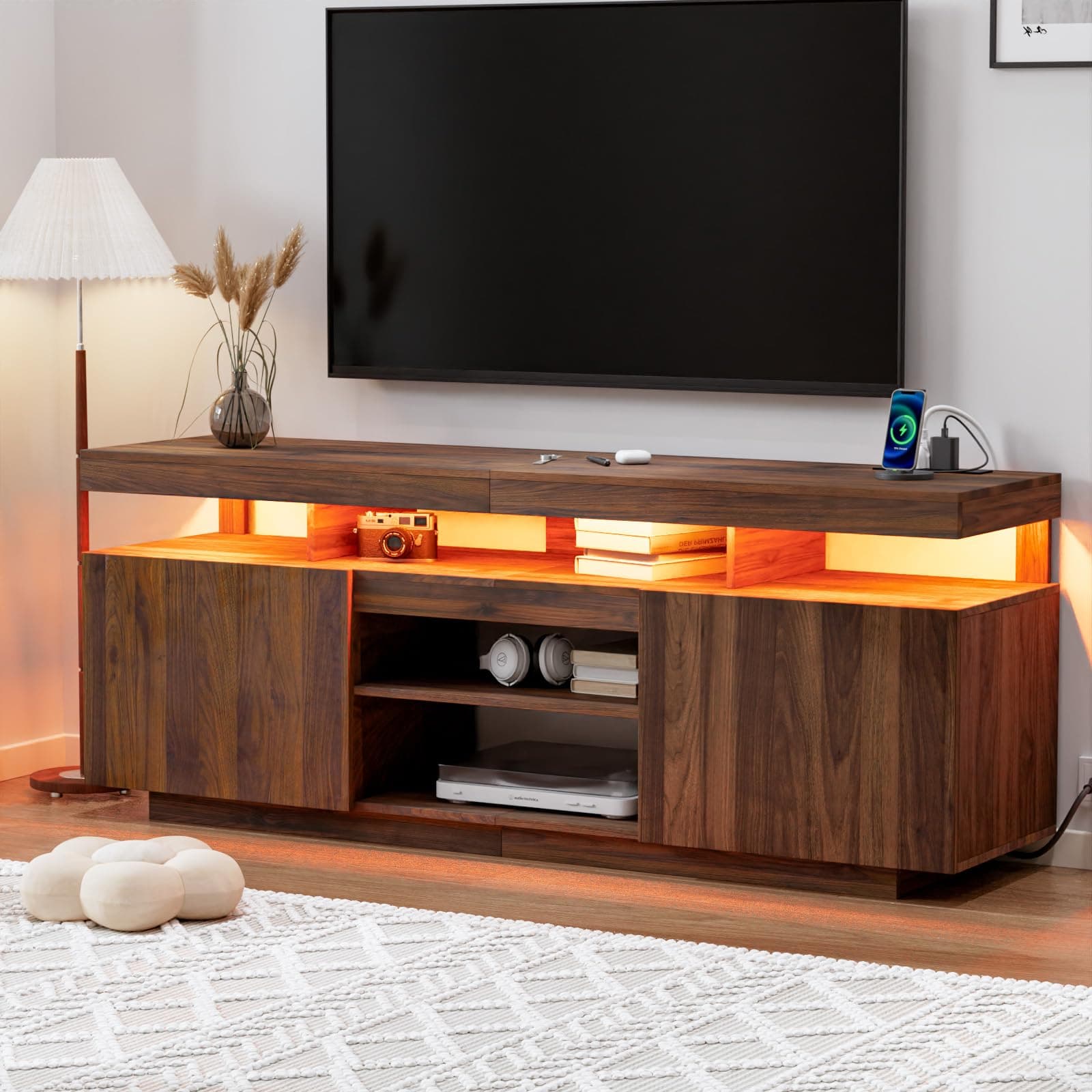 HOMMPA 75 Inch LED TV Stand with Storage & Power Outlets