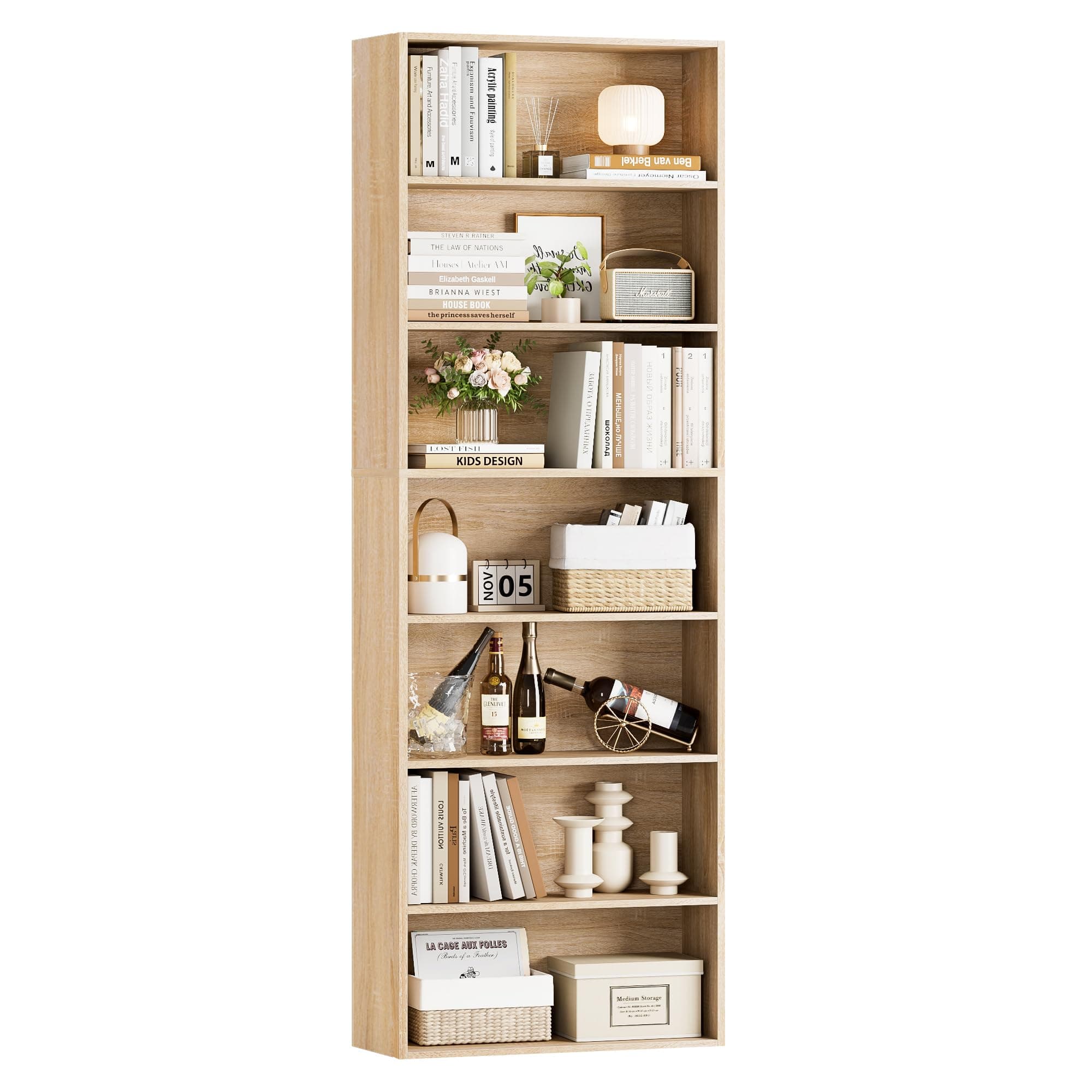 82" Tall Light Oak Bookshelf with 7-Tier Shelves for Home Office, Living Room, Bedroom