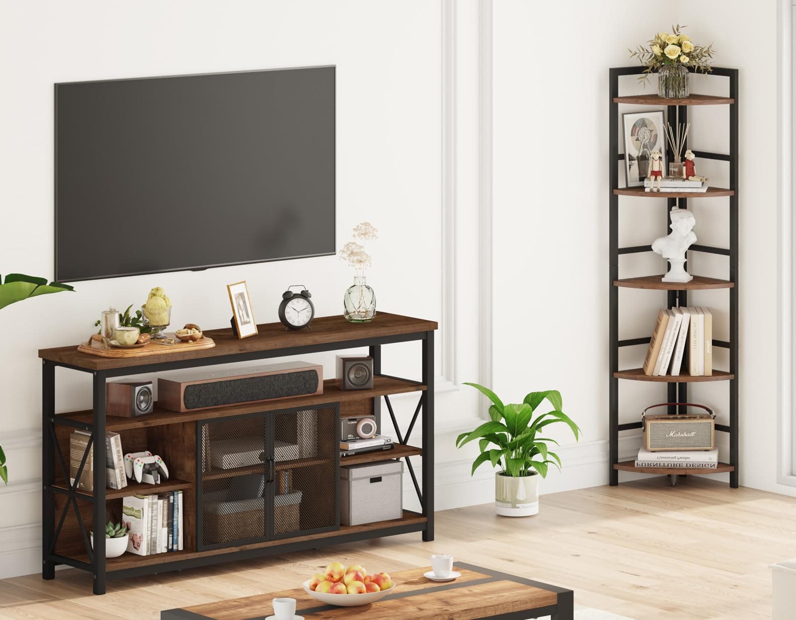 BON AUGURE 32 Inch High Rustic Oak 65 Inch TV Stand & Media Console