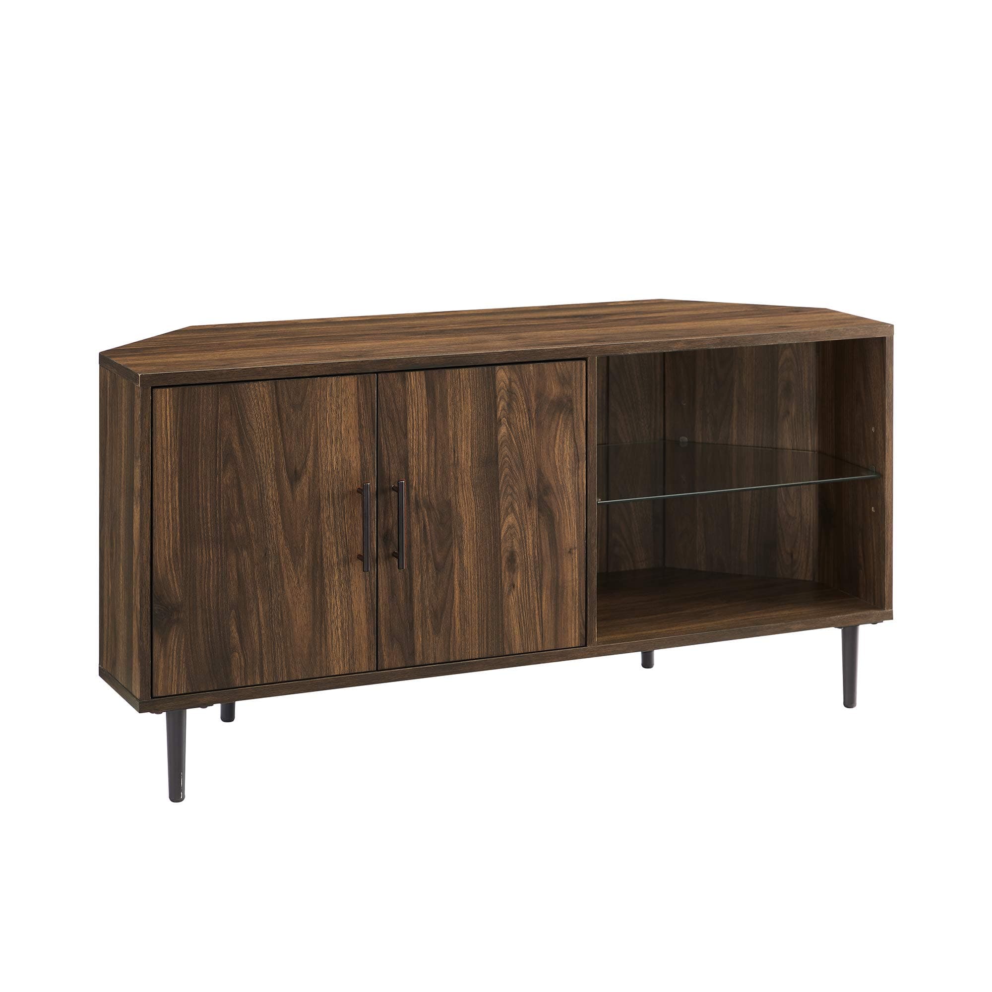 Walker Edison Dark Walnut 2 Door Glass Shelf TV Stand, Fits up to 55" TVs
