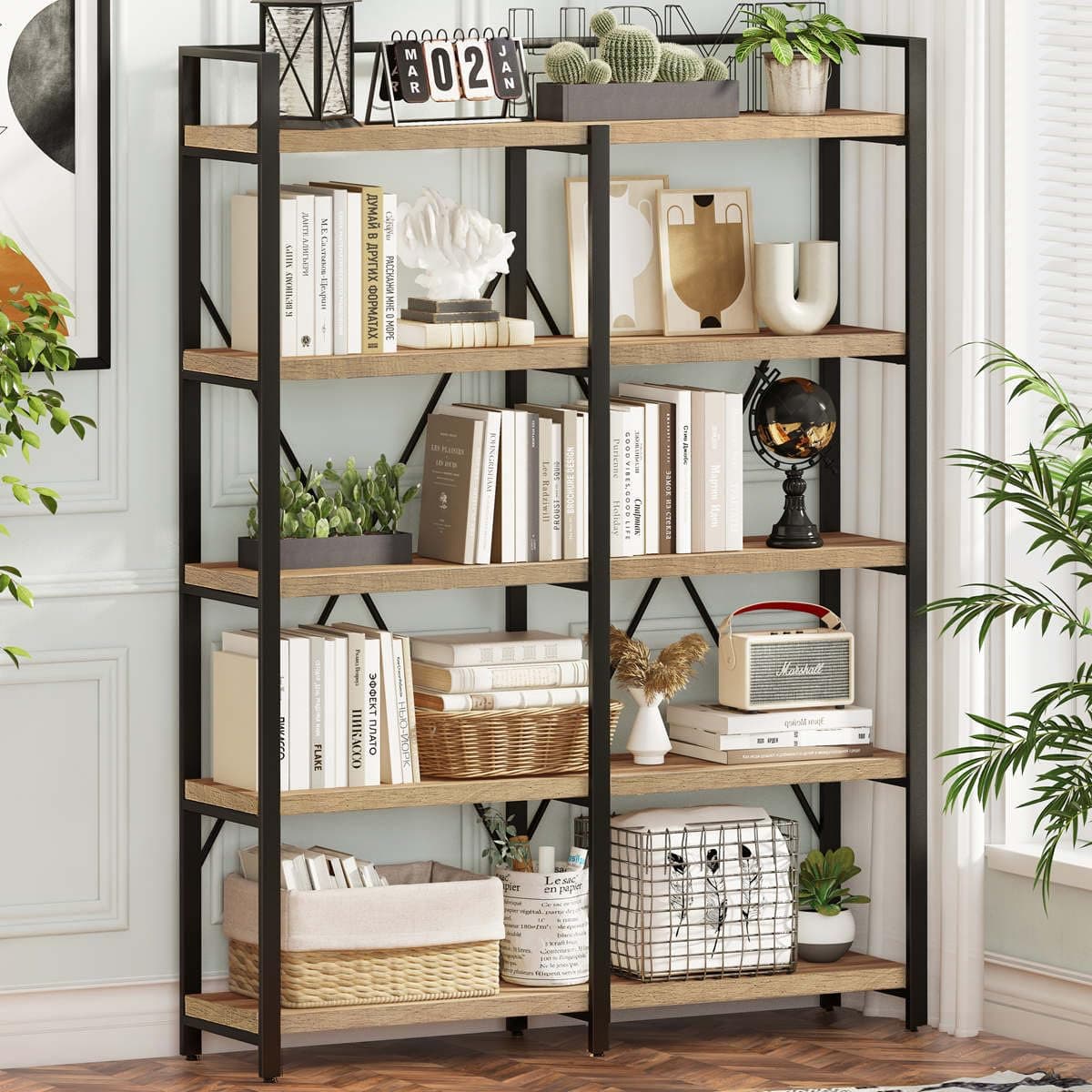 FATORRI Rustic Oak 5-Tier Bookshelf, 51" Wide