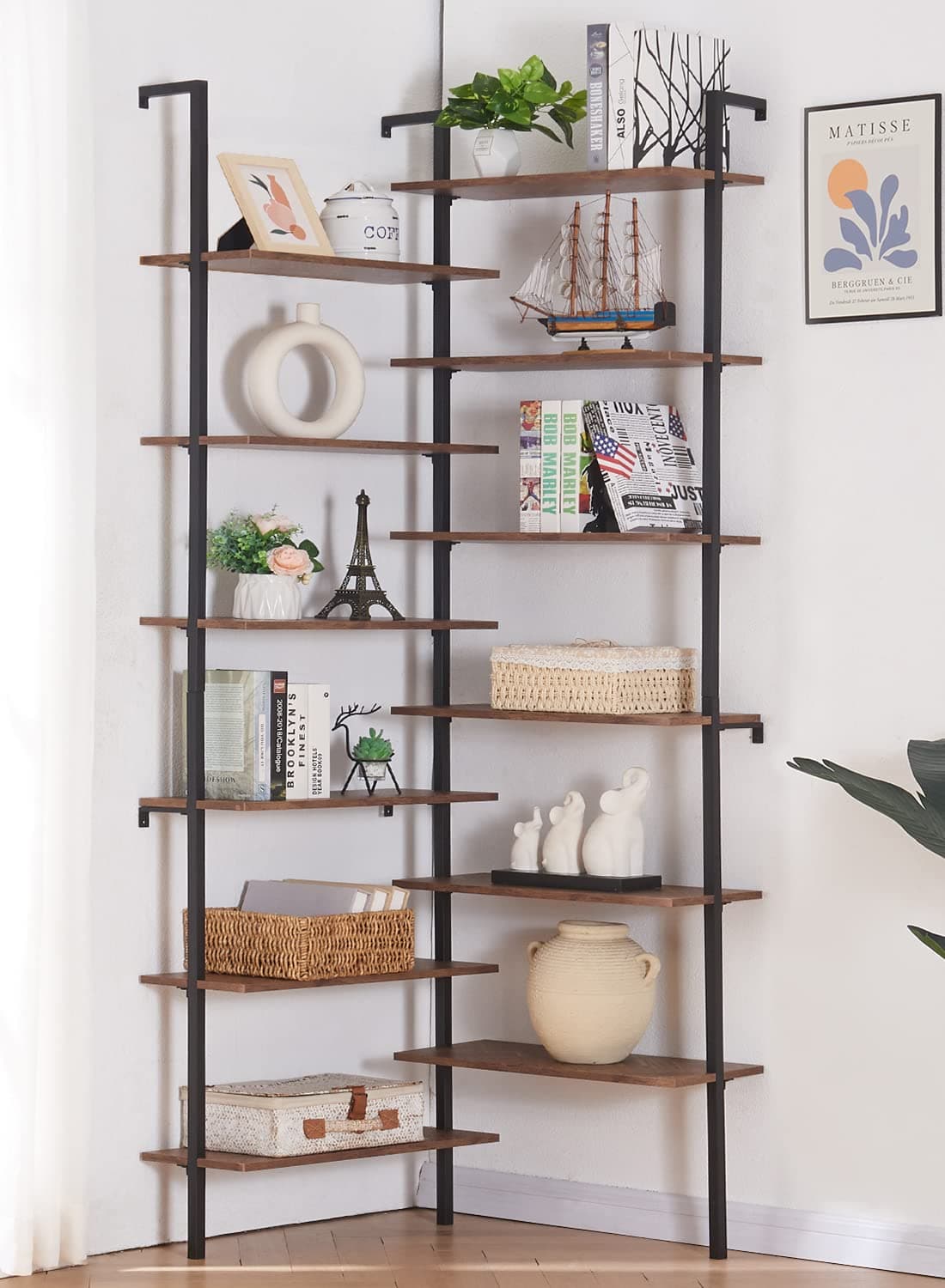 HOMISSUE 12-Tier L-Shaped Corner Bookshelf, Metal & Wood, Modern Industrial Brown