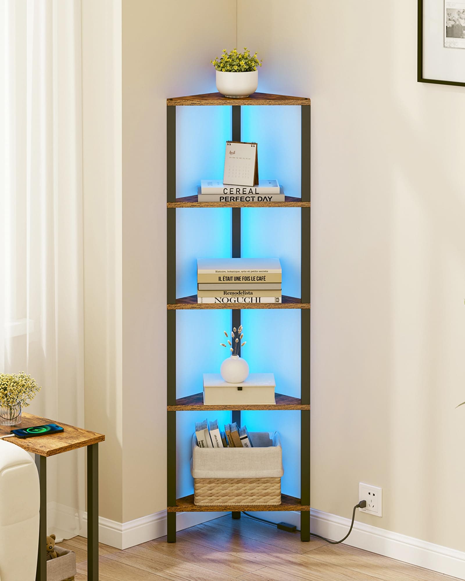 TUTOTAK Rustic Brown 5-Tier LED Corner Shelf for Small Spaces