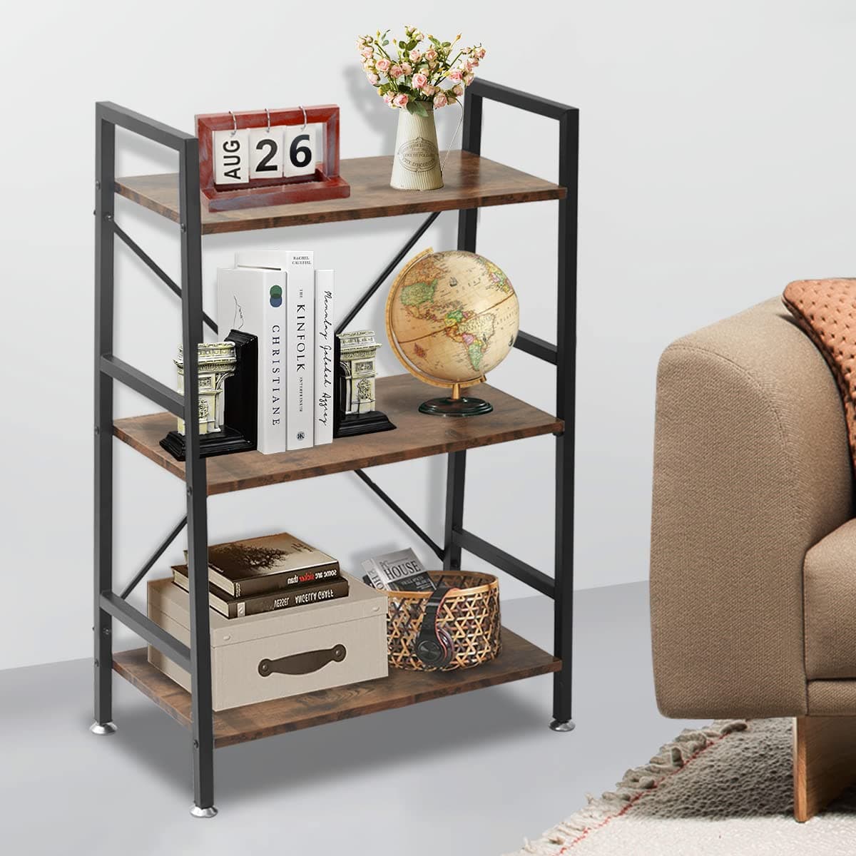 TooCust 3-Tier Rustic Brown Bookshelf for Small Spaces