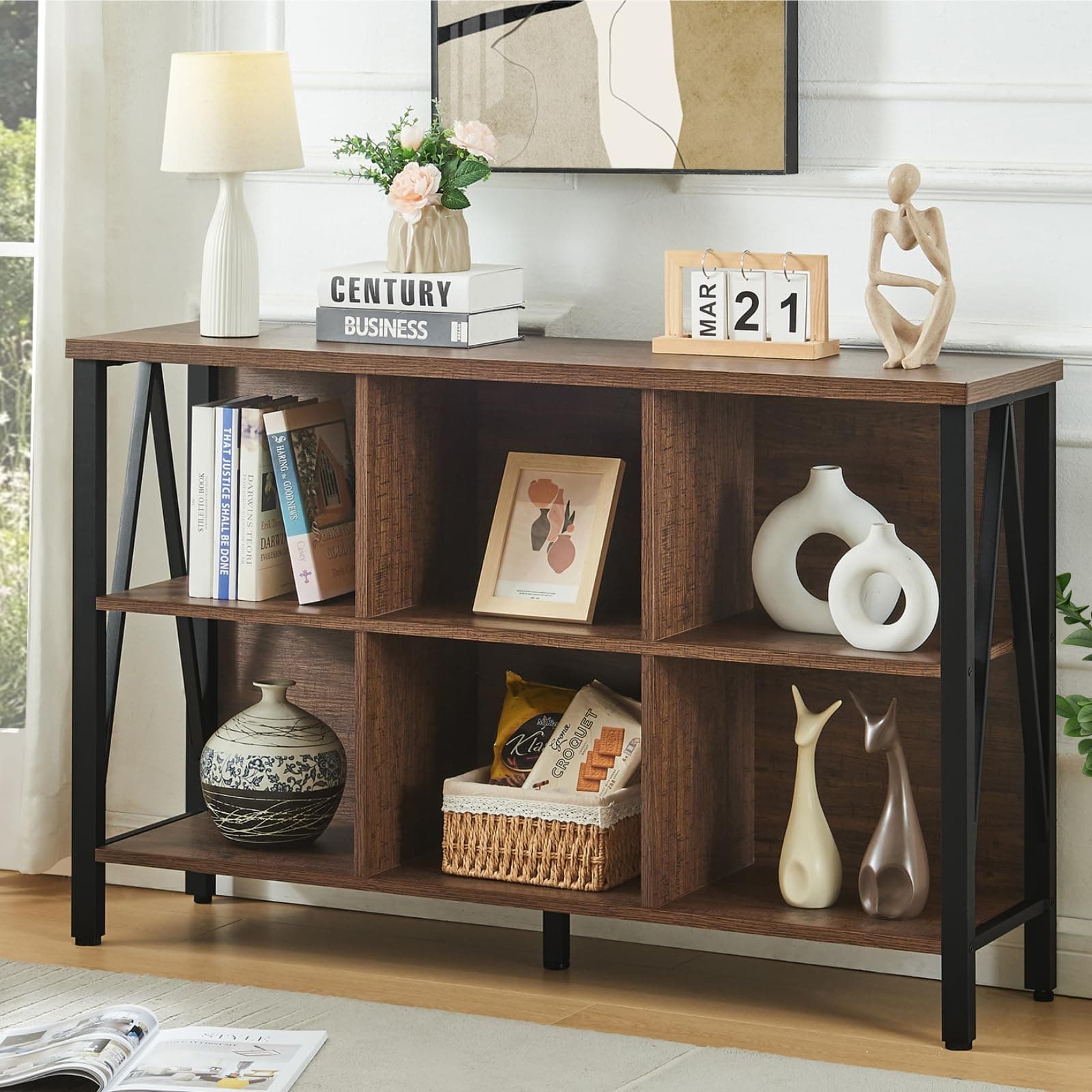 Rustic Short Wide Cube Storage Organizer Shelf for Living Room or Office