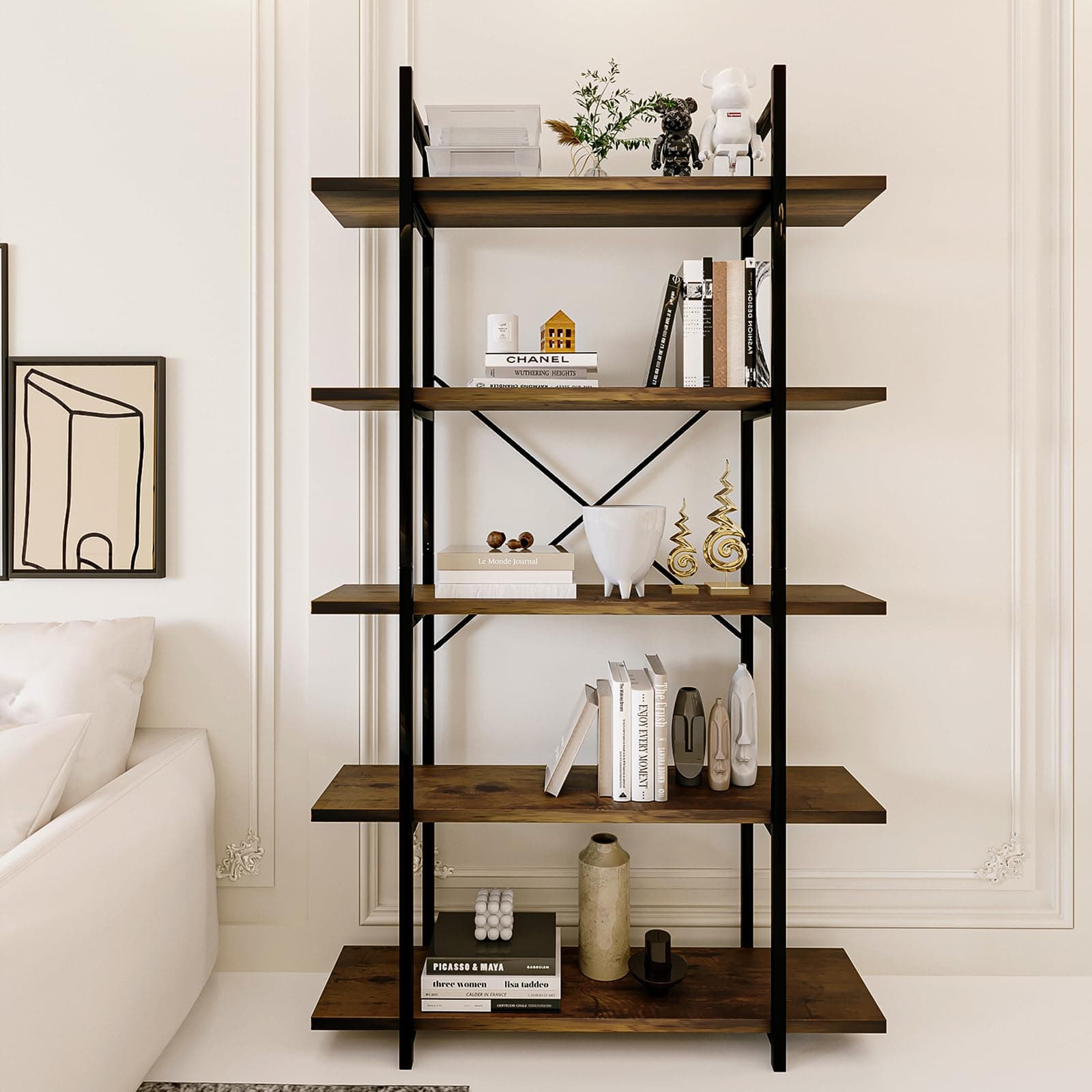 Industrial Rustic Brown Metal Bookshelf, 5 Tiers, Standing Storage for Home Office and Study.