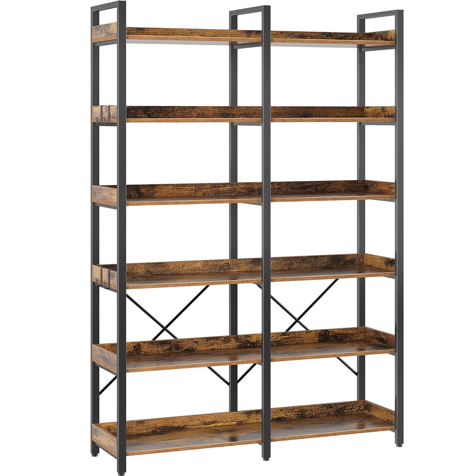 Industrial Wooden 6 Tier Bookshelf with 4 Hooks, Vintage Storage Rack, Rustic Brown