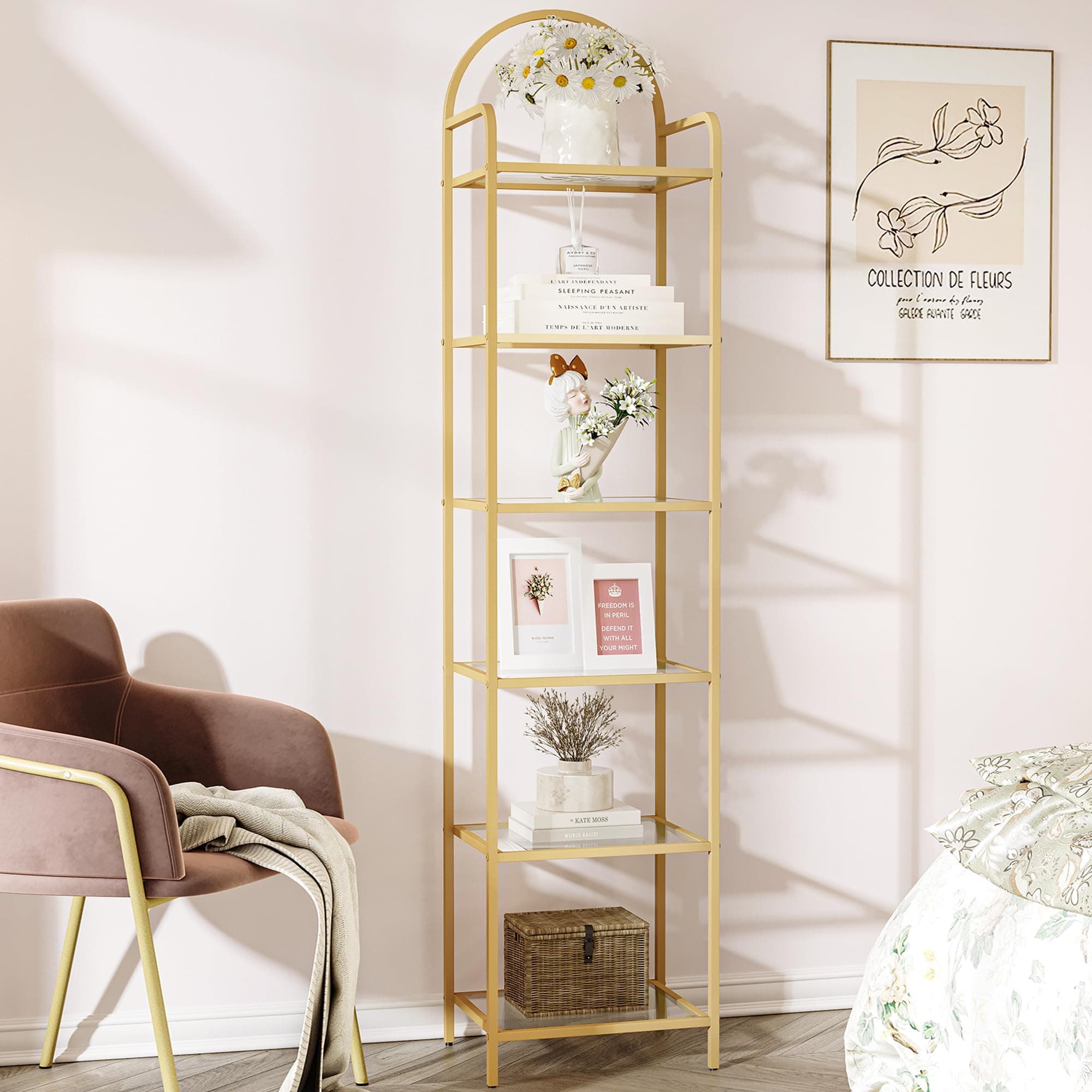 Gold Steel Frame 6 Tier Tempered Glass Bookshelf BC10601G