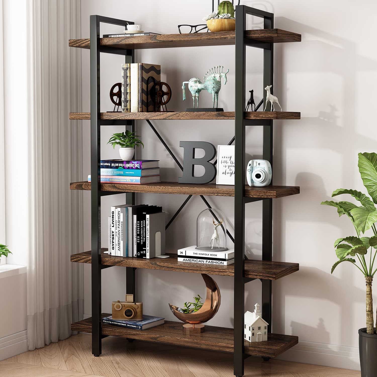 5-Tier Modern Rustic Industrial Bookshelf, Distressed Brown (AY-02)