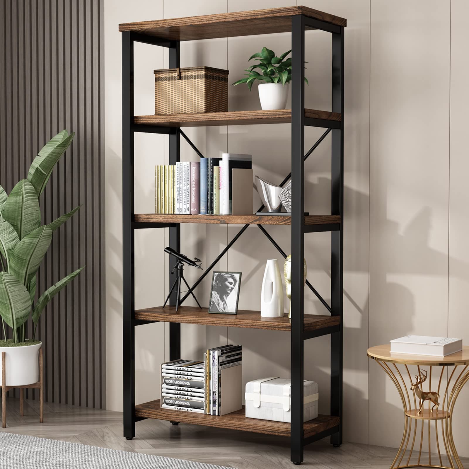 Vintage Industrial 5 Tier Metal and Wood Bookshelf (AY01)