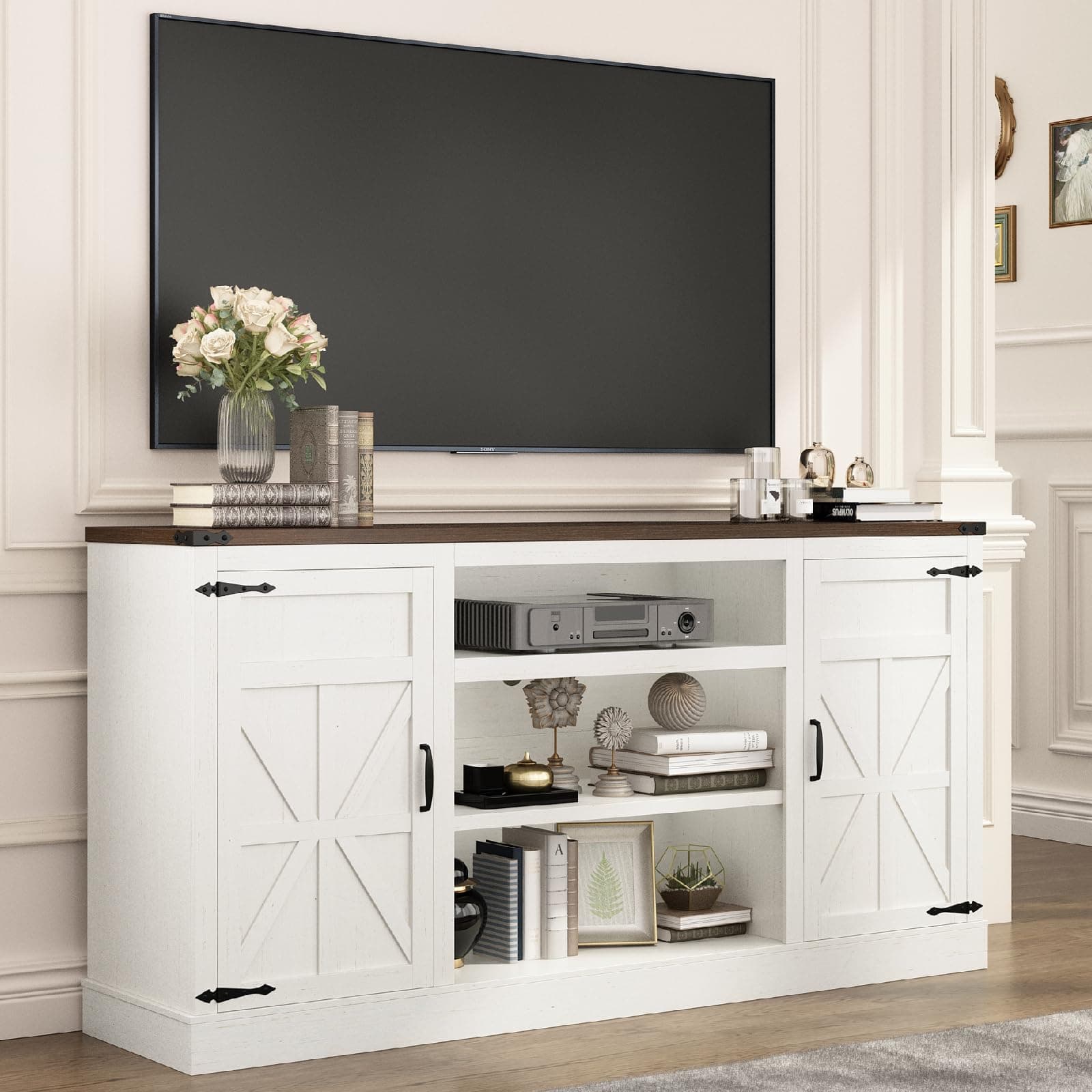 Rustic Farmhouse TV Stand for 65-75 Inch TVs with Power Outlets