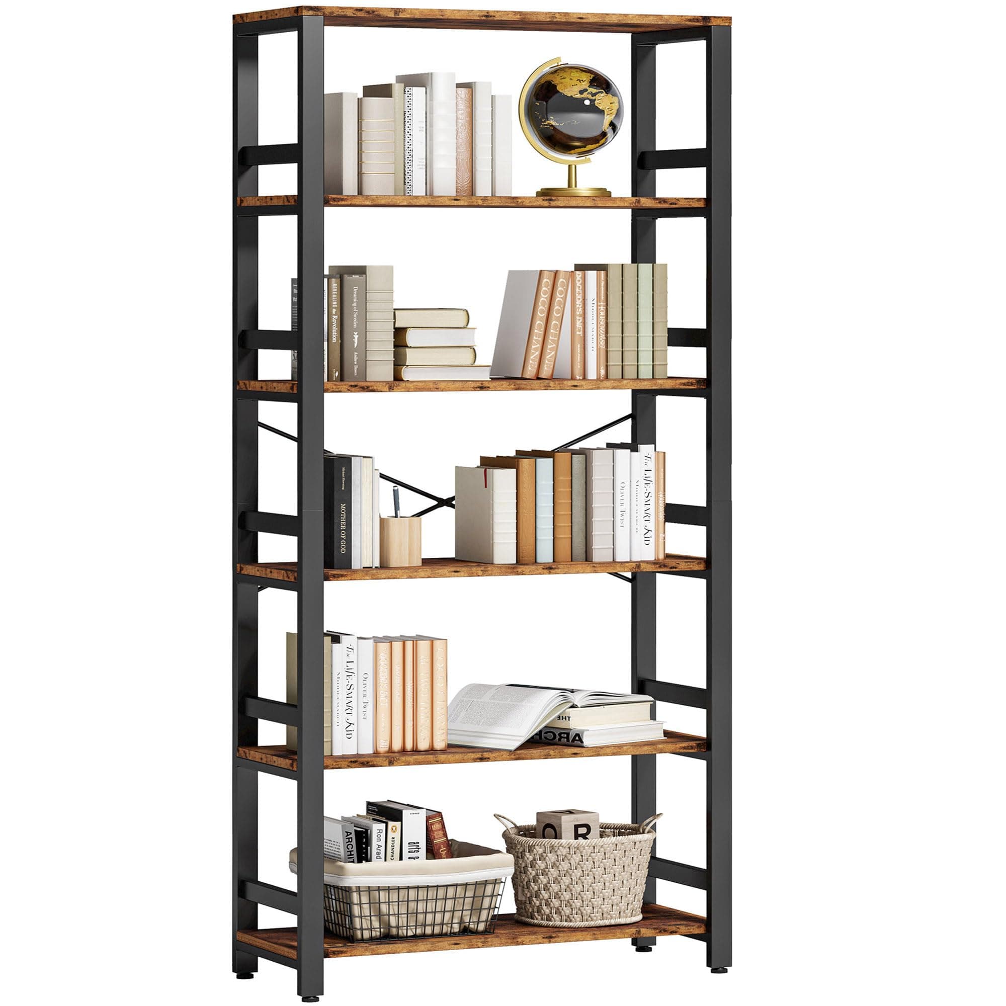 IRONCK Vintage Brown 6 Tier 31.5in Wide Bookshelf for Home Office, Living Room & Bedroom