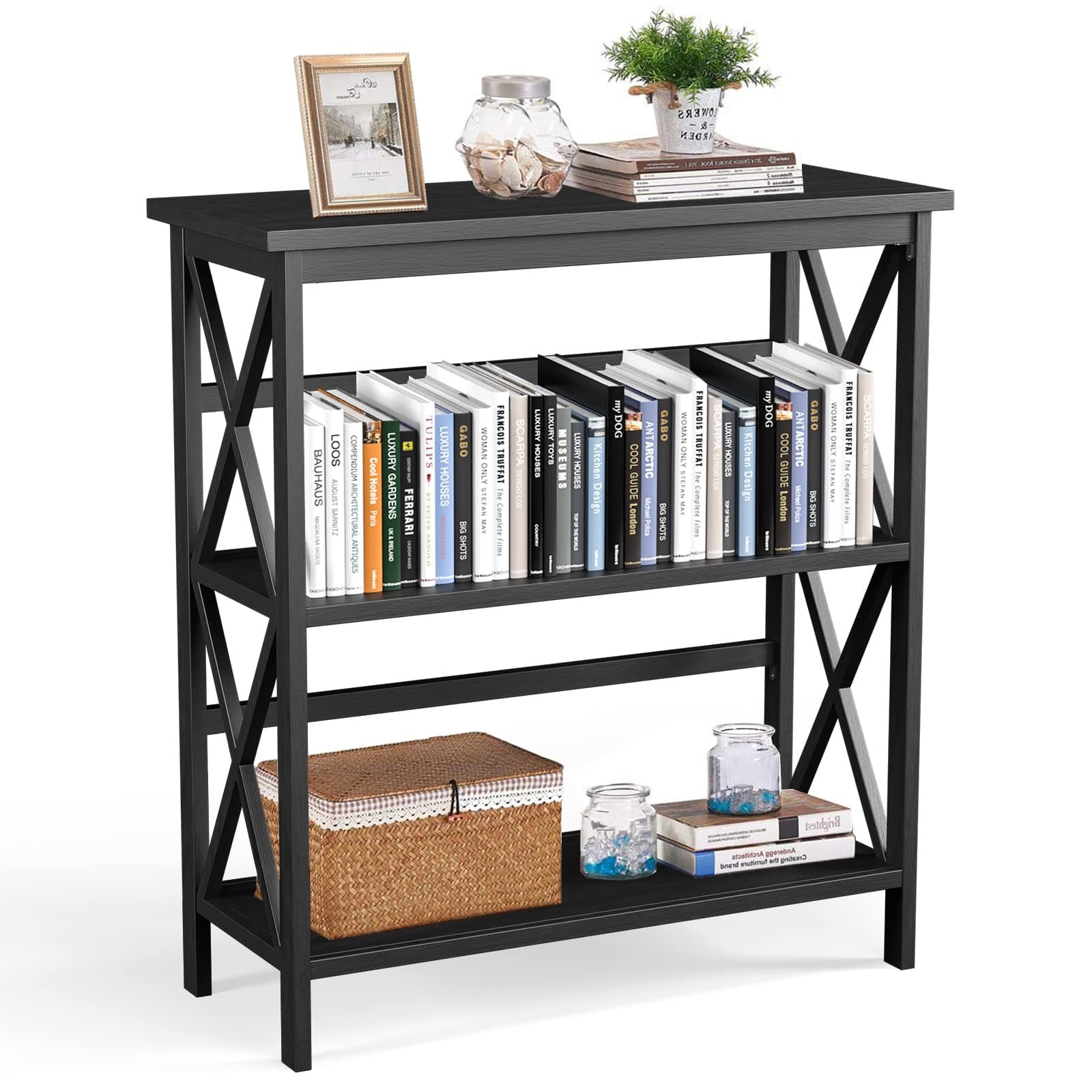 Tangkula Black X-Design 3-Tier Bookshelf for Living Room and Office