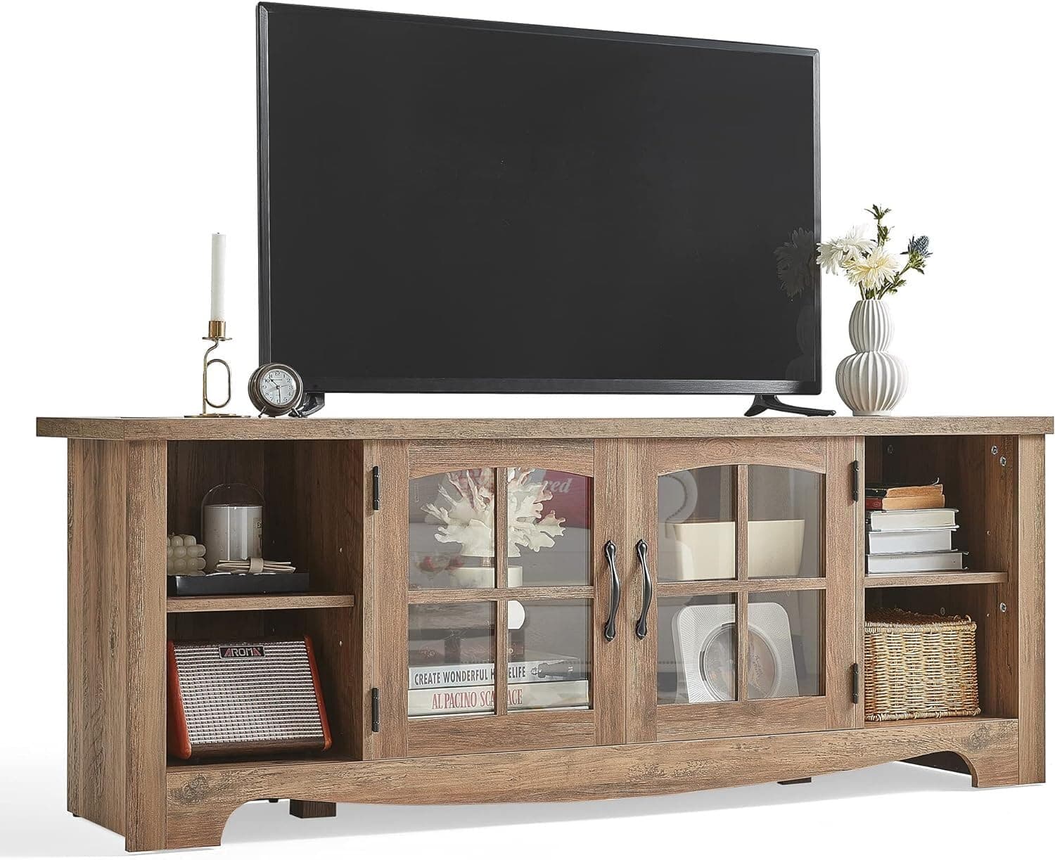 LINSY HOME Sturdy 65 Inch TV Stand with Glass Door Storage & Adjustable Shelves