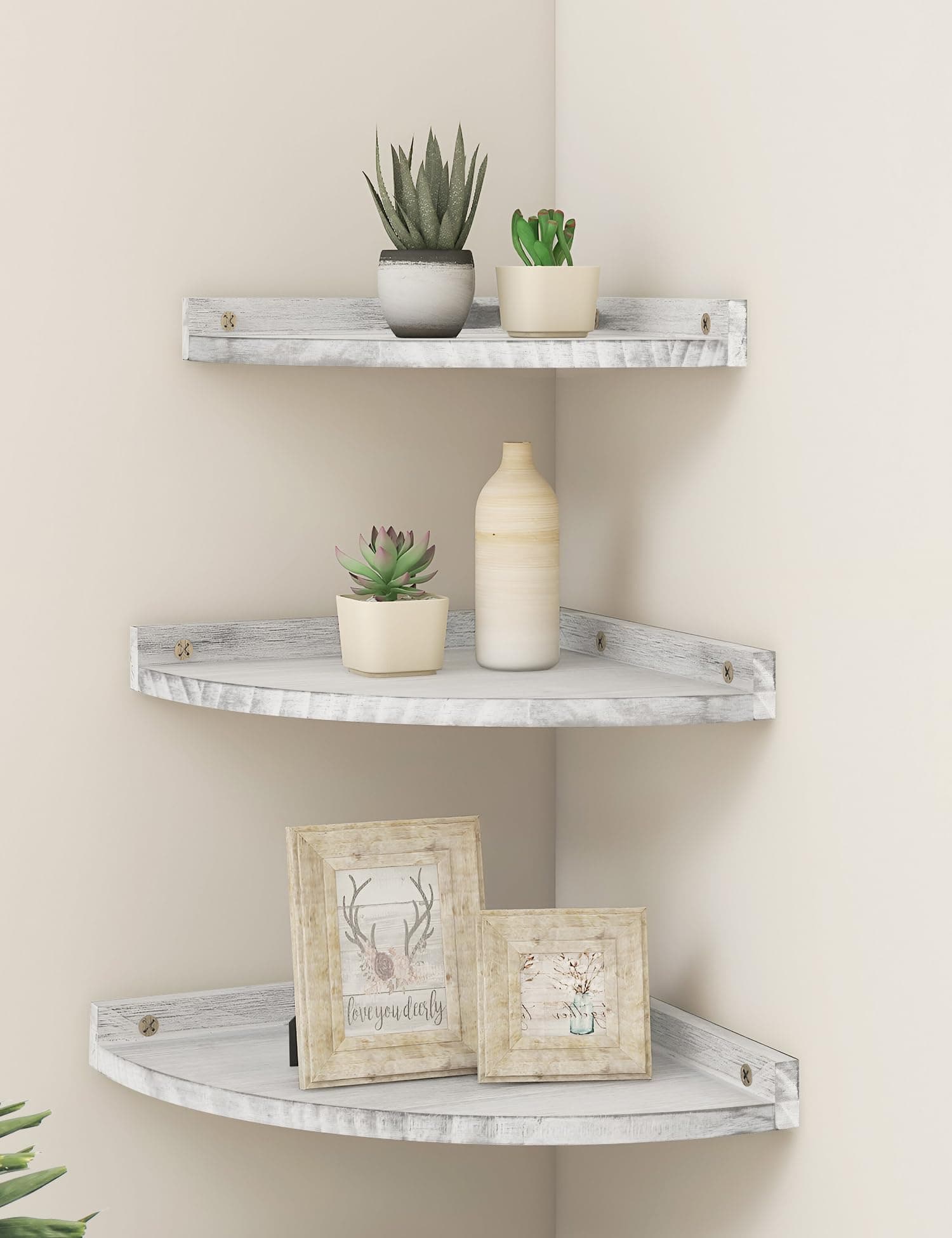 Rustic Distressed White Corner Shelves for Living Room & Kitchen