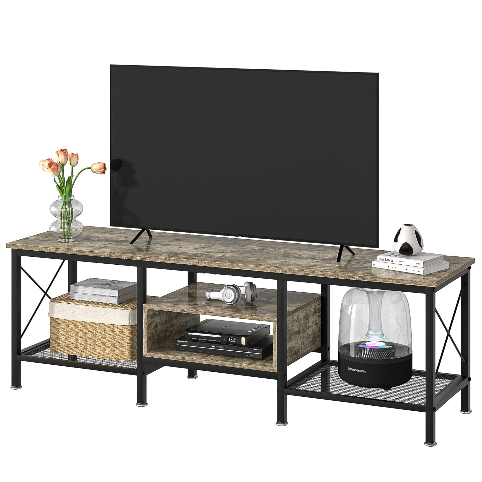 Industrial TV Stand for 65 Inch TV, 3-Tier Console with Open Shelves, Metal Frame - Dark Grey (55 Inch)