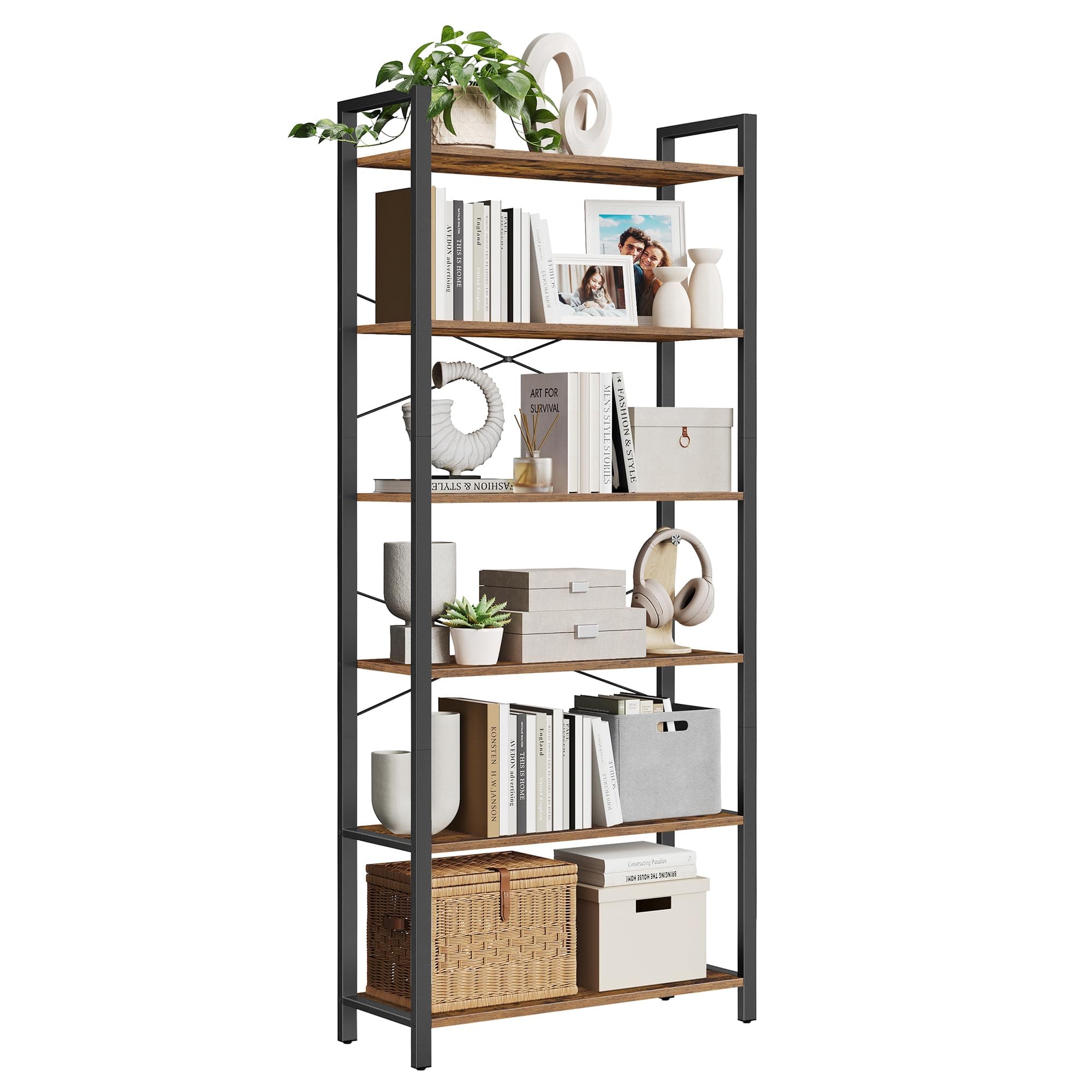 VASAGLE Industrial Style 6-Tier Bookshelf, Rustic Brown & Ink Black, 11.8x31.5x73.2 Inches
