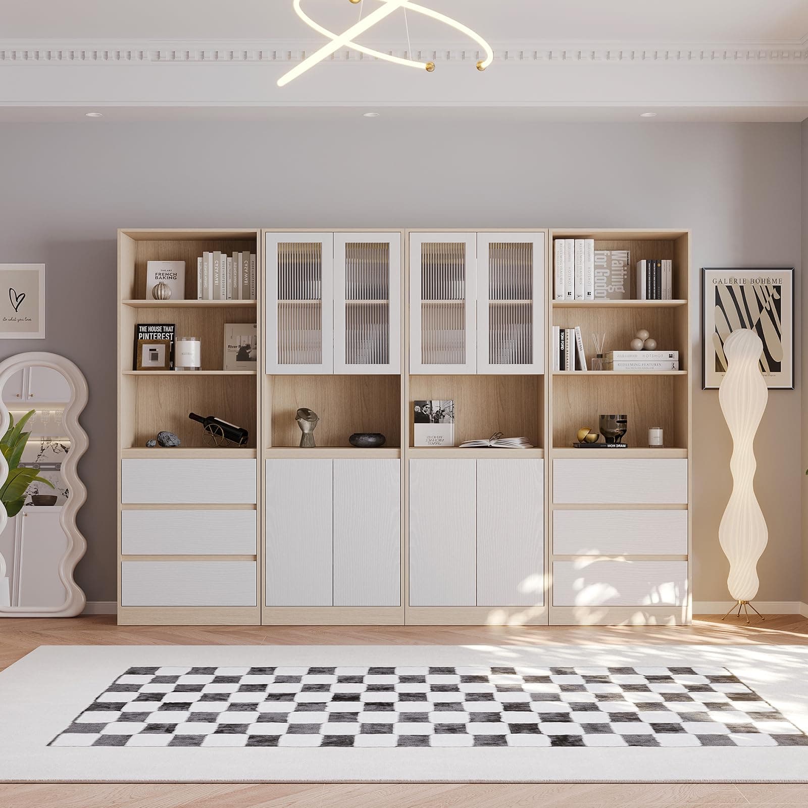 VOWNER 5-Tier Modern Bookshelf with 3 Drawers and Glass Display