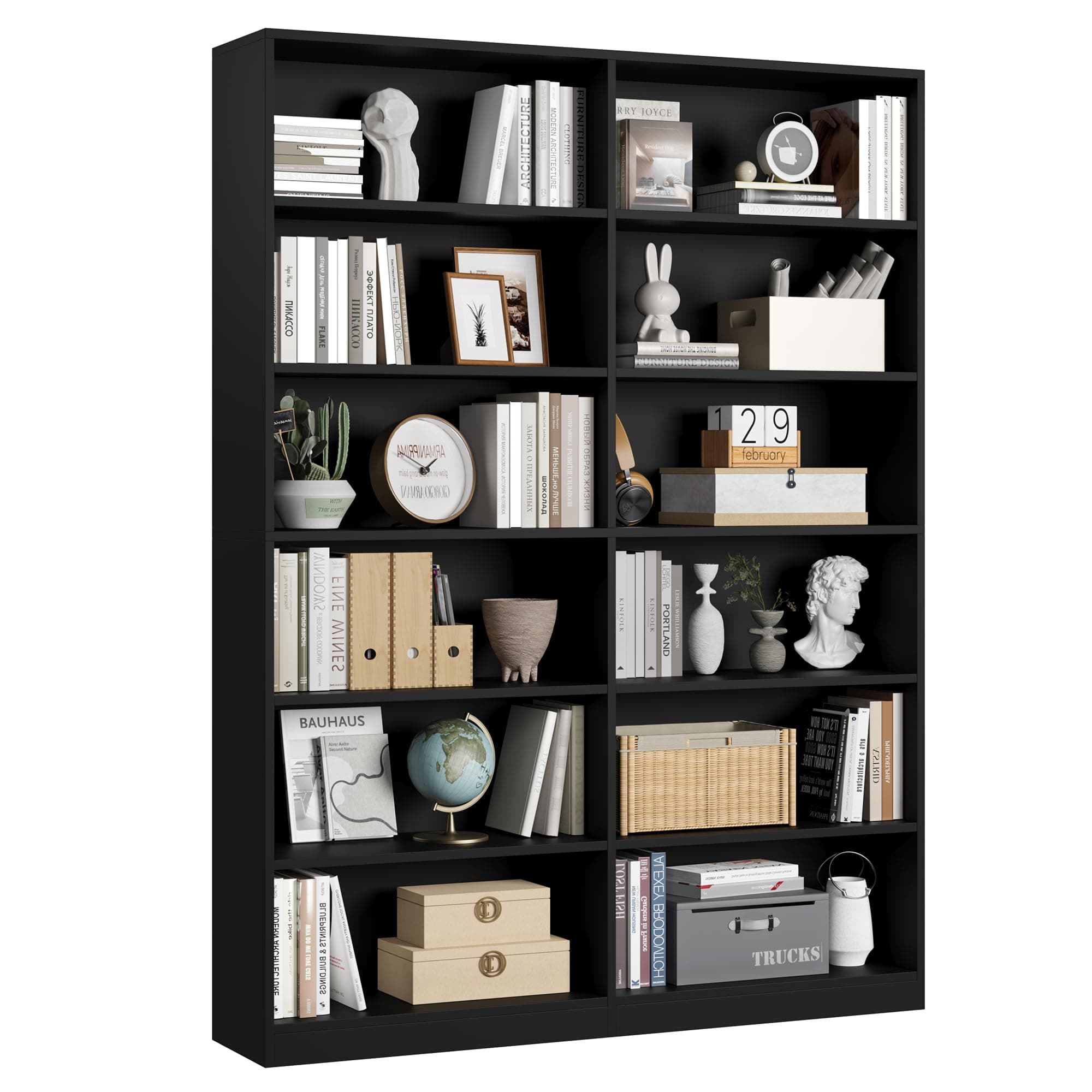 Double Wide 6-Tier Bookshelf, Tall Home Decor Bookcase, Black